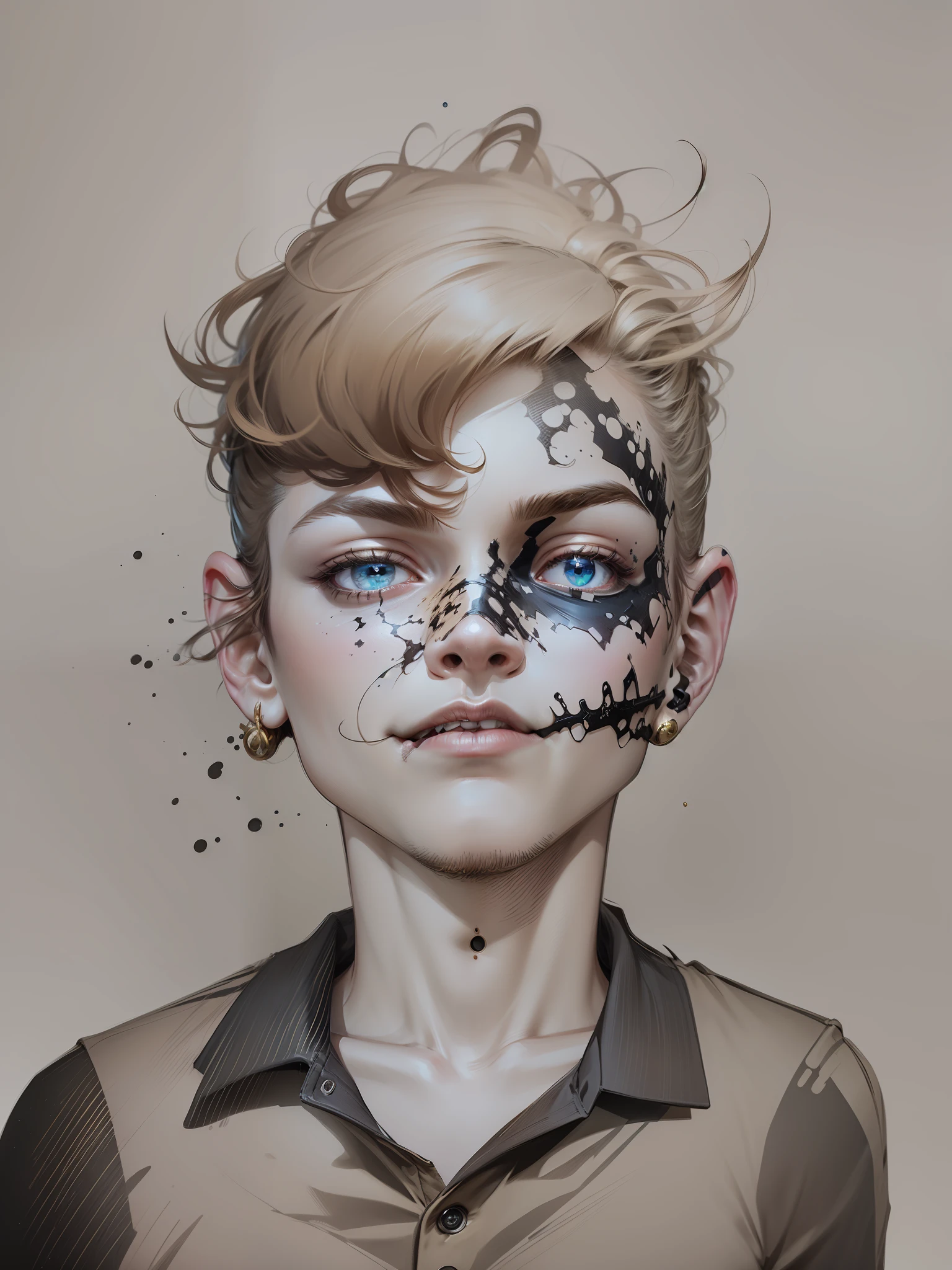 1 Young Adult Man, Broad Shoulders, Gold Earrings, Wearing Dark Blue Polo Shirt, Wavy and Brown Hair in High Quality, Big Nose, Big Mouth, Detailed Eyes, Male Face, Perfect Lighting, HD Skull Tattoos, 3D, Matrix of Geometric and Central Astrological Special Effect Circular Composition, American Aesthetic Masterpiece, Best Quality, (Extremely Detailed CG Unit 8K Wallpaper) --auto