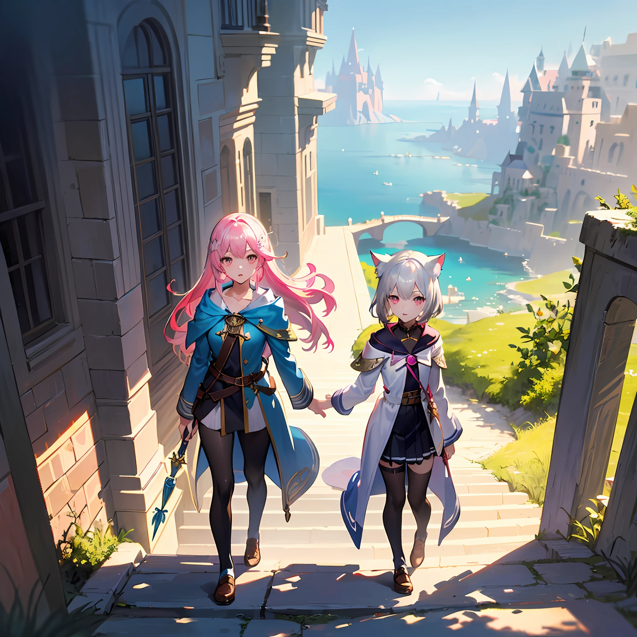 High Resolution: 1.7, Incredibly Ridiculous, Cute: 1, Cute: 1.5, Hires.fix: 1.5, Anime Visuals: 1, Incredibly Fine Illustrations, Crystal Clear White Skin, Sensual, Full Body, One Girl, Junior High School Student, ((()), Fantasy World, Fantasy Voiced, Cat-Eared Girl, Walking the Road, holding Wizard's Wand, High angle, fantastic buildings, silver hair with pink hair, cute chic adventurer clothes