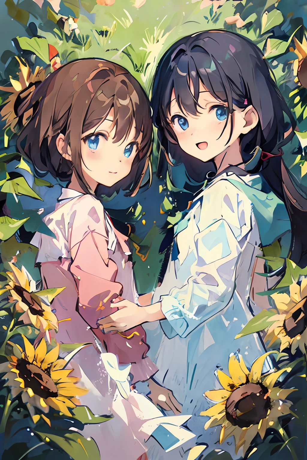 2girls, high quality, lying, crossed legs, multicolored hair, brown hair, red hair, orange eyes, surprised, short hair, hair bow, apron, detached sleeves, garden