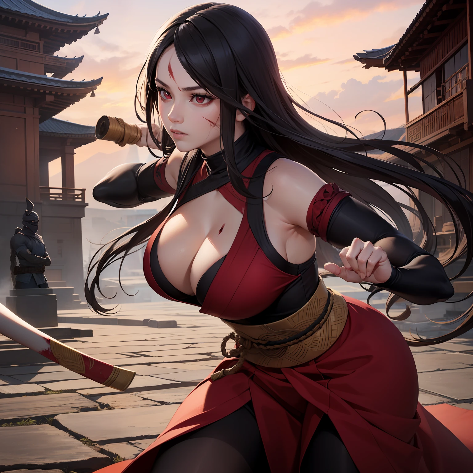 realistic, 1girl, high quality fingers, normal hands, detailed fingers, masterpiece, (realistic, photo-realistic: 1.37), realistic, 1girl, long hair:1.5, black hair:1.2, red eyes:1.5, bright eyes, mortal kombat, ninja, blood, scar, weapons, kimono, dress, mortal kombat costume, large breasts, fighting pose, serene look, temple, meditation, injuries, ninja mask, cover half of face,