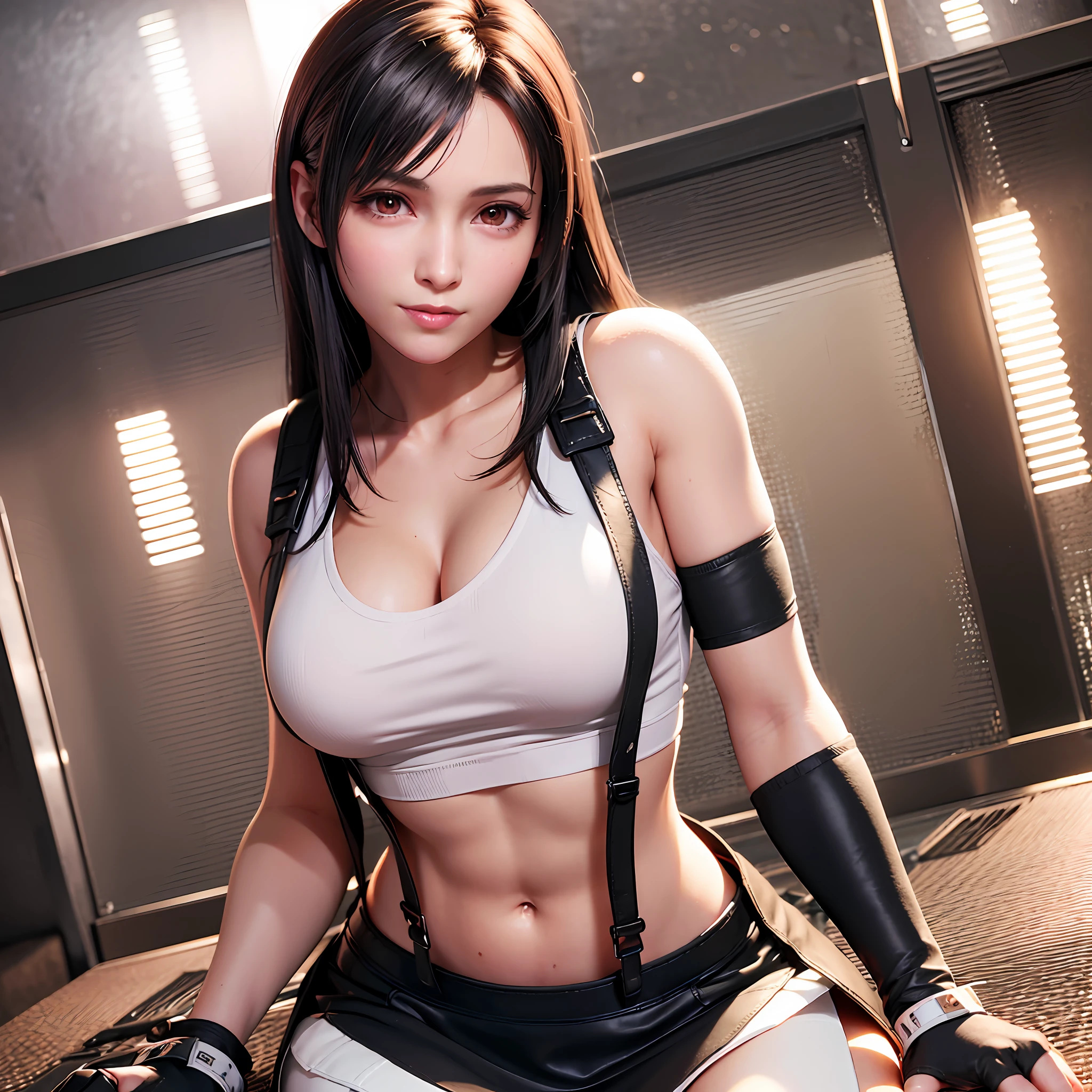 8k,masterpiece, bset quality,big, (1 girl), tifa lockhart, red_eyes, black hair, long hair, shiny skin, shiny big, ((best quality)), crisp focus: 1.2, highly detailed face and skin texture, detailed eyes, perfect face, perfect body, art, cg, blur background, big with presence, (20yo, Mature cool and beautiful face), wearing (((suspender black skirt)),(( black elbow gloves, white taut shirt, thigh, white tank top, navel, blush)), jukebox, old bar, upper body, smile, professional light source, fluttering hair, dynamic, random angle,