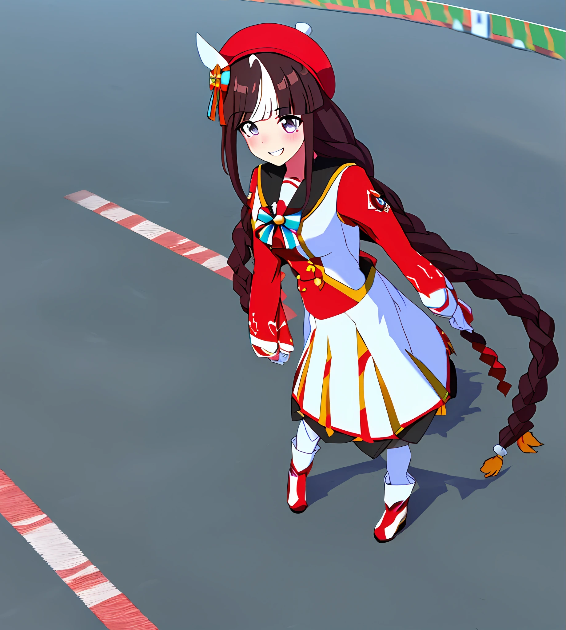 ((masterpiece)), ((best quality)), (ultra-detailed), ((extremely detailed)), 4K, (8K), best quality, (beautiful), focus on upper body, a cute girl, 1girl, solo, ((beautiful eyes))0, blush, hokkotarumae, racing suit, ((standing on the racetrack)), ((upper body)), ((full smiling)),