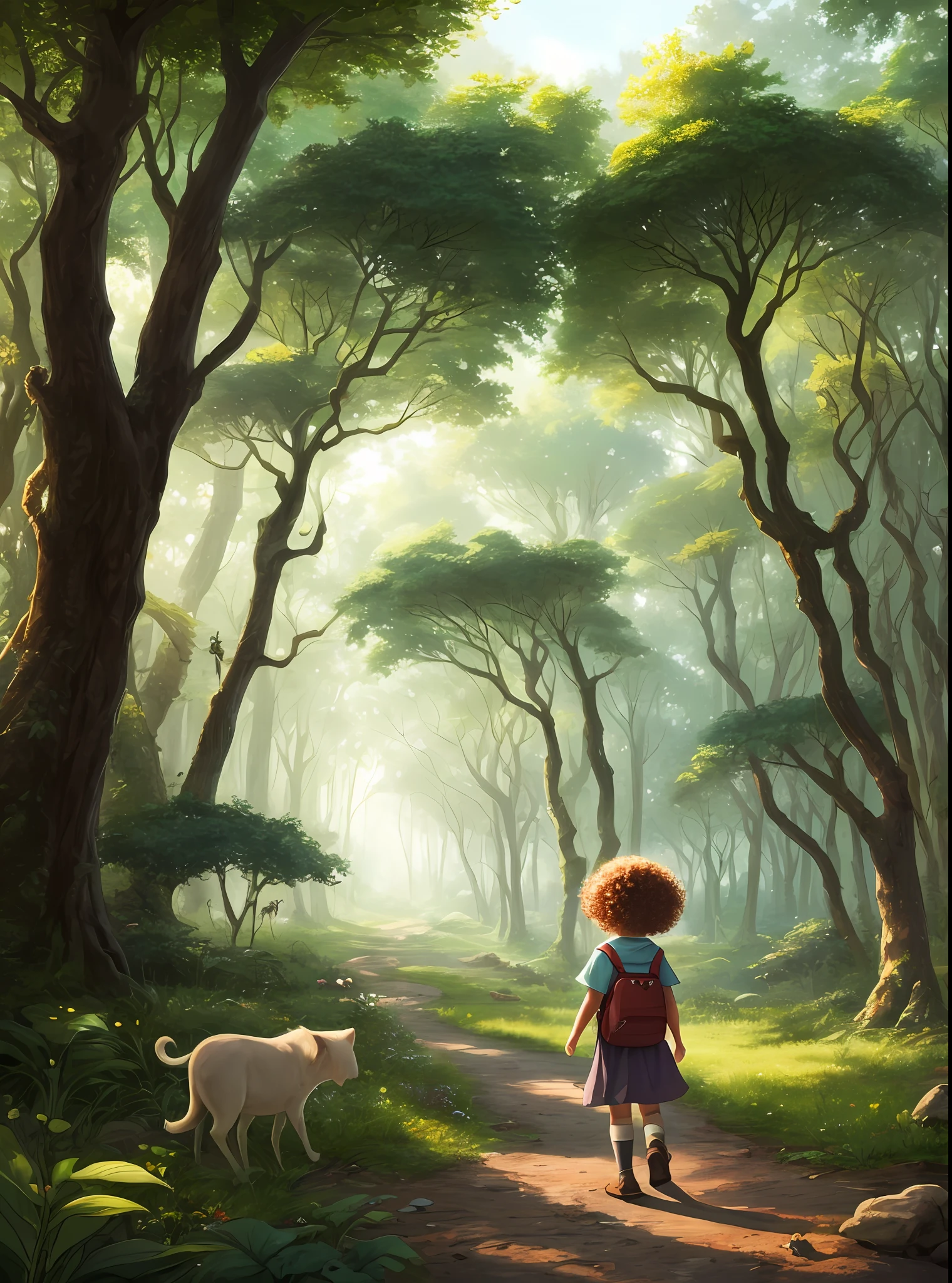 "A charming scene of an 8--old ly-haired little xploring a magical forest accompanied by friendly animals." --auto