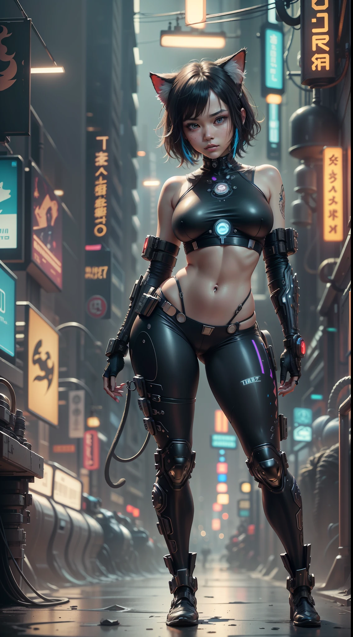 Beautiful full body shot of Reika Shimohira as a Nekomata catgirl, cyberpunk armor, straight black hair, cat ears, cat tail, science fiction, cyberpunk city in the background, gantz, In the Style of Cyberpunk 2077, Ultra realistic photo, masterpiece, best quality, CG, wallpaper, HDR, high quality, high-definition, extremely detailed, {beautiful detailed face}, {beautiful detailed eyes}, (detailed light){{intricate detail}}, {highres}, ((detailed face)), neon light, chiaroscuro, key visual, intricate detail, highly detailed, breathtaking, vibrant, cinematic adult movie, 18+, Nsfw