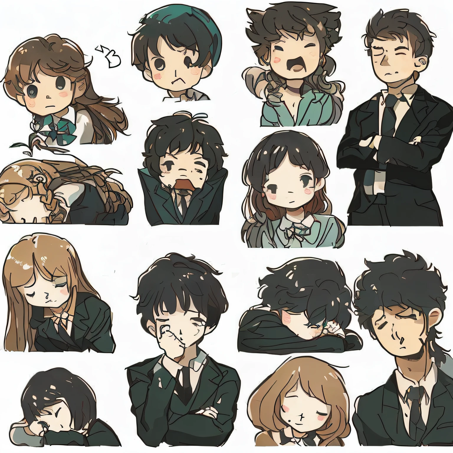 White background, character sheet, many angles, cute illustrations, logo design, office worker, a lot of men in suits, sleeping, anger, joy, fatigue, sadness, suffering, drowsiness, masterpiece, high quality