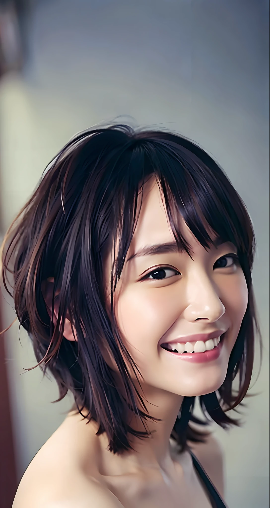 best quality, masterpiece, ultra high res, (photorealistic:1.4), raw photo, 1girl, beautiful Japanese woman, beautiful skin, black hair:1.7, gakki, ((short hair:1.5)), 30 years old, happy laughing:1.2, micro bikini
