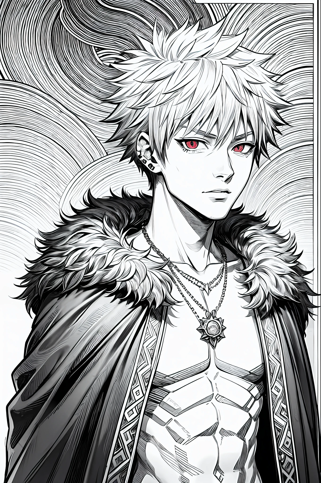 Masterpiece, top quality, 8k, one man, Katsuki bakugo, 15s old,furry cloak over shirtless, necklace, piercings, half-body, shining red eyes, monochrome, line art