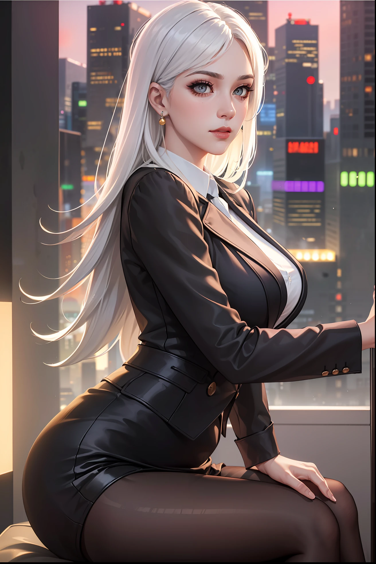 (masterpiece:1.3), (8k, photorealistic, RAW photo, best quality: 1.4), (1girl), beautiful face, (realistic face), Nice hairstyle,Realistic Eyes,Nice detail eyes,(Realistic Skin),Beautiful Skin,Ridiculous,attractive,Ultra high Resolution,an ultra realistic,RAWExtremely detailed,golden proportions, Woman wearing business outfit, formal blazer, white blouse, high waist business skirt, sheer pantyhose, beautiful, masterpiece, best quality, perfect lighting, (white hair:1.4), long hair, (grey eyes:1.2), slender build, thin, medium breasts, business woman, ceo, sitting in luxurious black office chair, giant modern window with view of dusk cyberpunk city skyline in background, close up, dusk, (cyberpunk city background:1.3), (Hazy sky:1.2), (Dim red sun:1.3), eyelashes, dark eyeliner, (cyberpunk:1.1)
