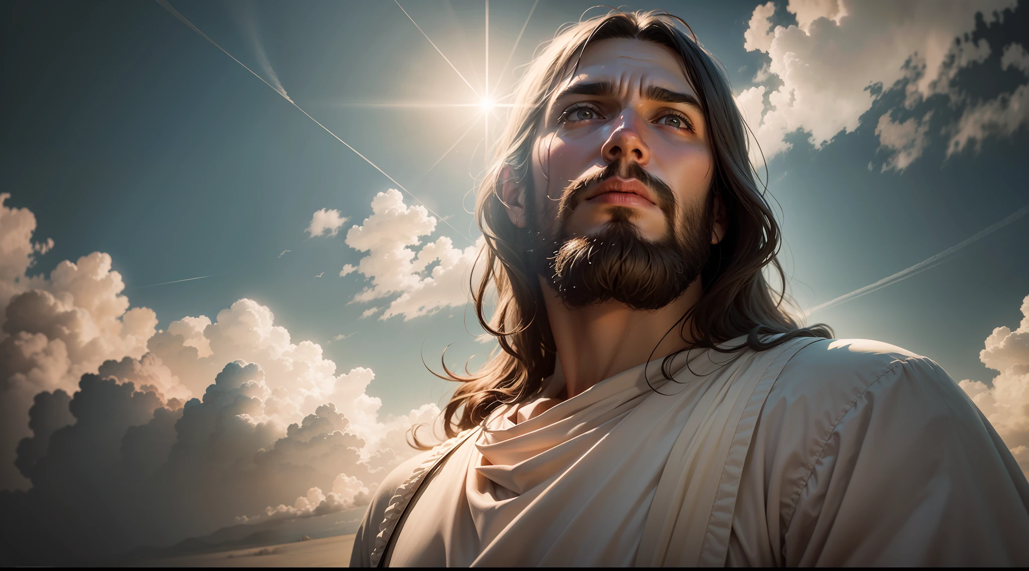 professional long-distance scenic photography of {Jesus Christ}, perfect point of view, highly detailed, wide-angle lens, hyper realistic, with dramatic sky, polarizing filter, natural lighting, vivid colors, all in sharp focus, HDR, UHD, 16K