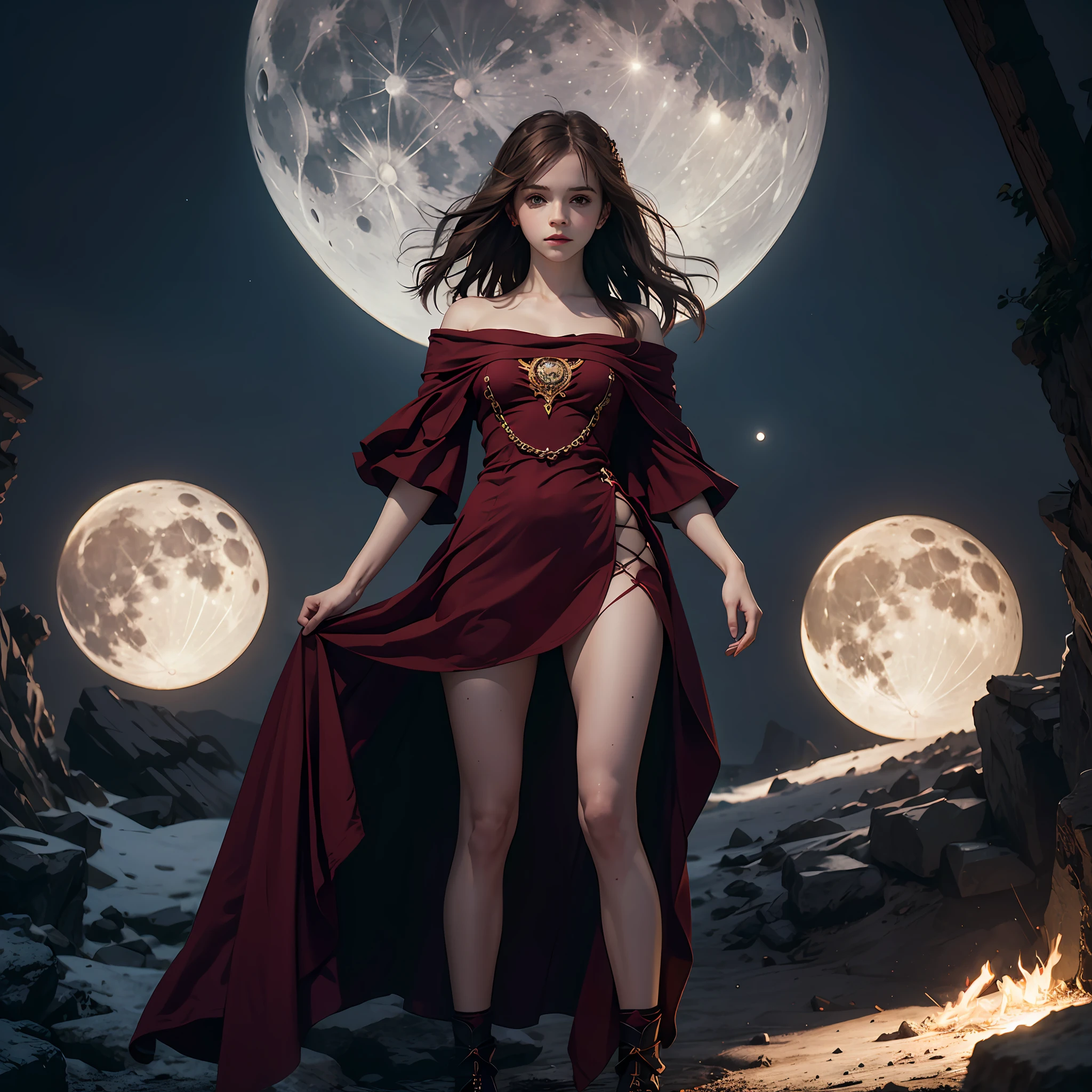 emma watson as a red priestess girl. tight dress. spread legs. background moon. sharp focus, natural lighting, subsurface scattering, f2, 35mm, film grain