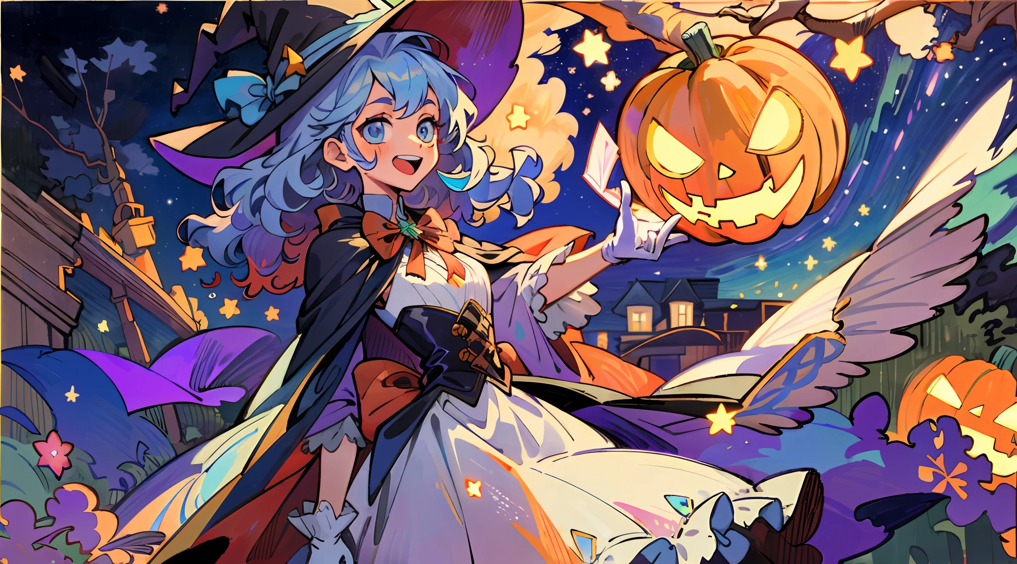 ((masterpiece:1.2, best quality)), 1girl, solo, (witch hat), a close up of a girl with curly hair, dress, aurora, night, star (sky), gloves, sky, dress, night sky, open mouth, starry sky, light blue eyes, ribbons, smile, cape, colorful hair, magic, casting spell, night, (impressionism:1.4), alphonse mucha, Halloween colors, colorful candy, magical lights, pumpkins, candies