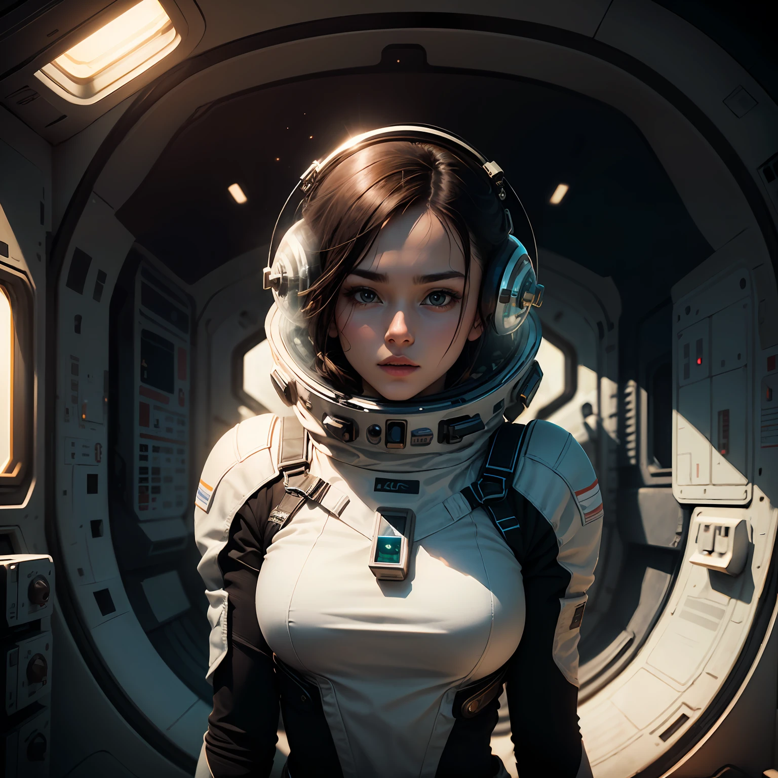 beautiful woman, bright, dazzling, stunning, beautiful, masterpiece, high quality, (outer space: 1.2, spaceship interior: 1.2), conceptual scene art, round, metallic, (unlit face: 1.4), (unlit: 1.3), (upper body photo: 1.1), (very dark: 1.1, underexposed: 1.1) --auto