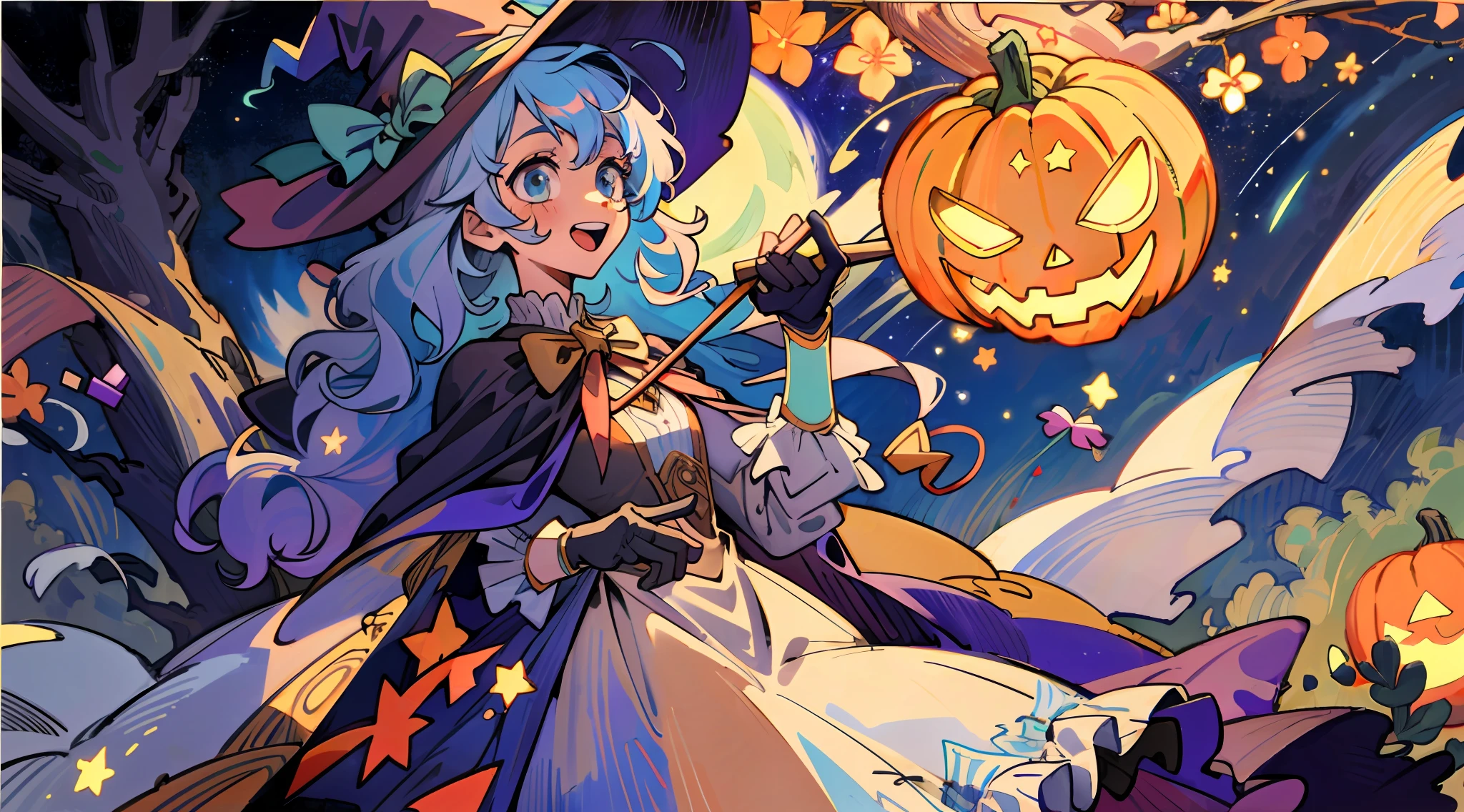 ((masterpiece:1.2, best quality)), 1girl, solo, (witch hat), a close up of a girl with curly hair, dress, aurora, night, star (sky), gloves, sky, dress, night sky, open mouth, starry sky, light blue eyes, ribbons, smile, cape, colorful hair, magic, casting spell, night, (impressionism:1.4), alphonse mucha, Halloween colors, colorful candy, magical lights, pumpkins, candies