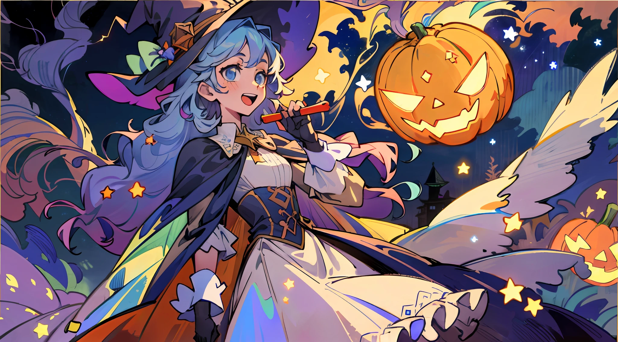 ((masterpiece:1.2, best quality)), 1girl, solo, (witch hat), a close up of a girl with curly hair, dress, aurora, night, star (sky), gloves, sky, dress, night sky, open mouth, starry sky, light blue eyes, ribbons, smile, cape, colorful hair, magic, casting spell, night, (impressionism:1.4), alphonse mucha, Halloween colors, colorful candy, magical lights, pumpkins, candies