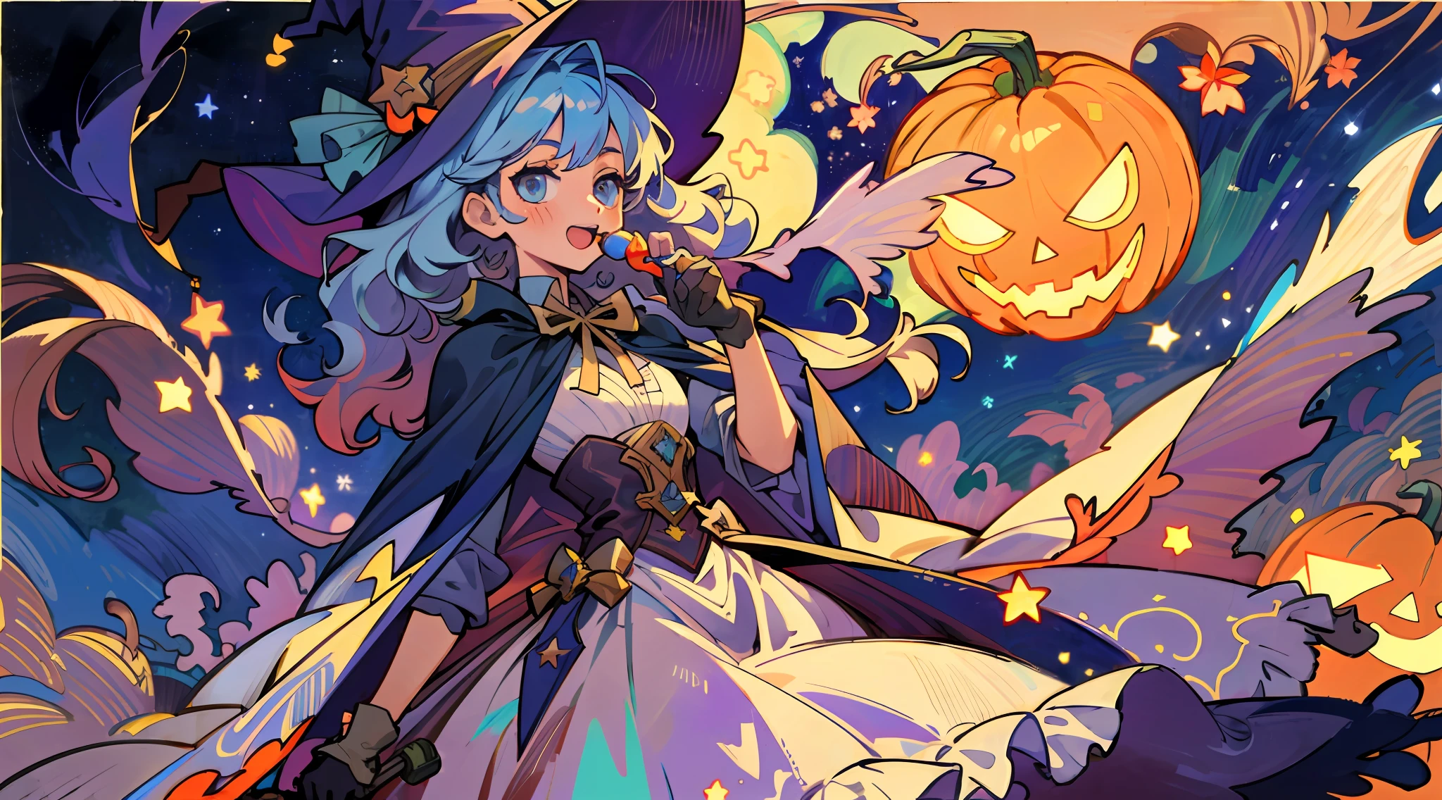 ((masterpiece:1.2, best quality)), 1girl, solo, (witch hat), a close up of a girl with curly hair, dress, aurora, night, star (sky), gloves, sky, dress, night sky, open mouth, starry sky, light blue eyes, ribbons, smile, cape, colorful hair, magic, casting spell, night, (impressionism:1.4), alphonse mucha, Halloween colors, colorful candy, magical lights, pumpkins, candies