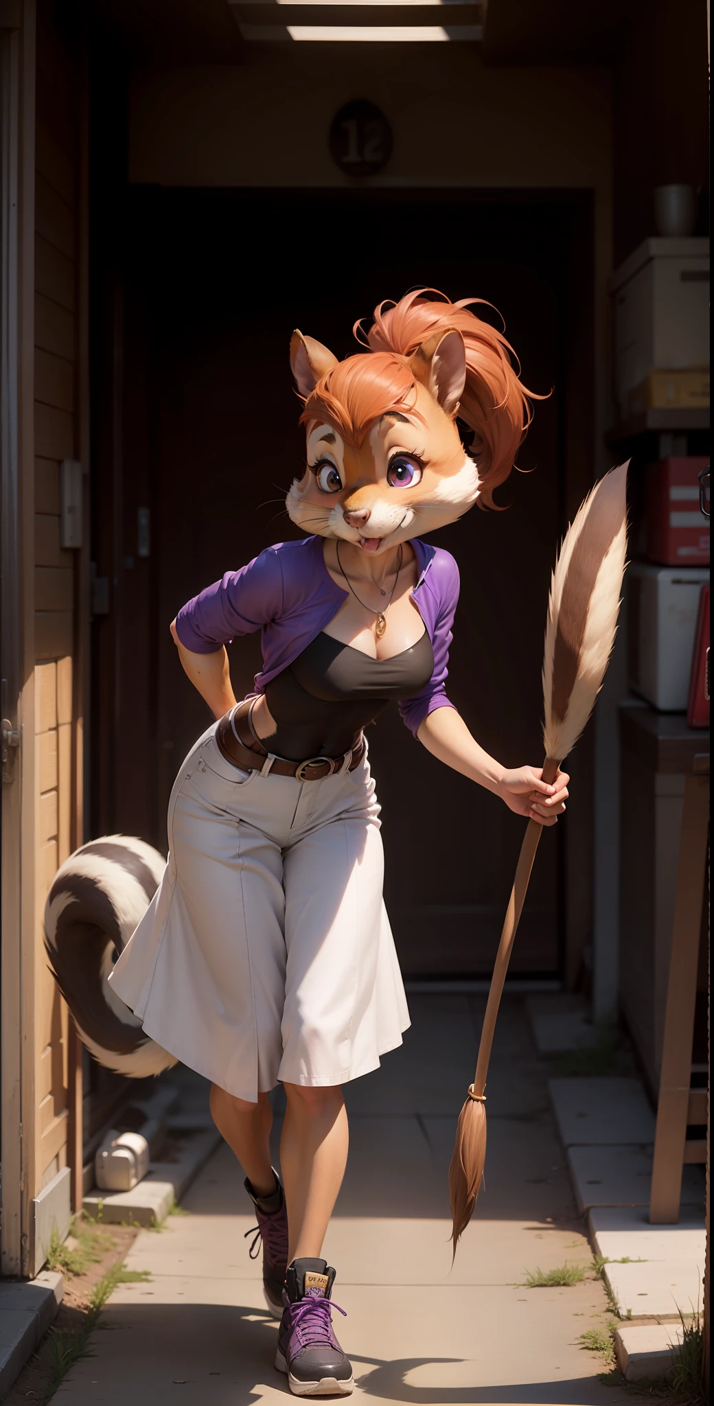 anthro furry), 1 solo, Jeanette Miller from Alvin and the chipmunks, chipmunk body, squirrel, squirrel tail, full body, big ponytail hair, purple eyes, Jeanette Miller the Chipettes, Jeanette Miller,