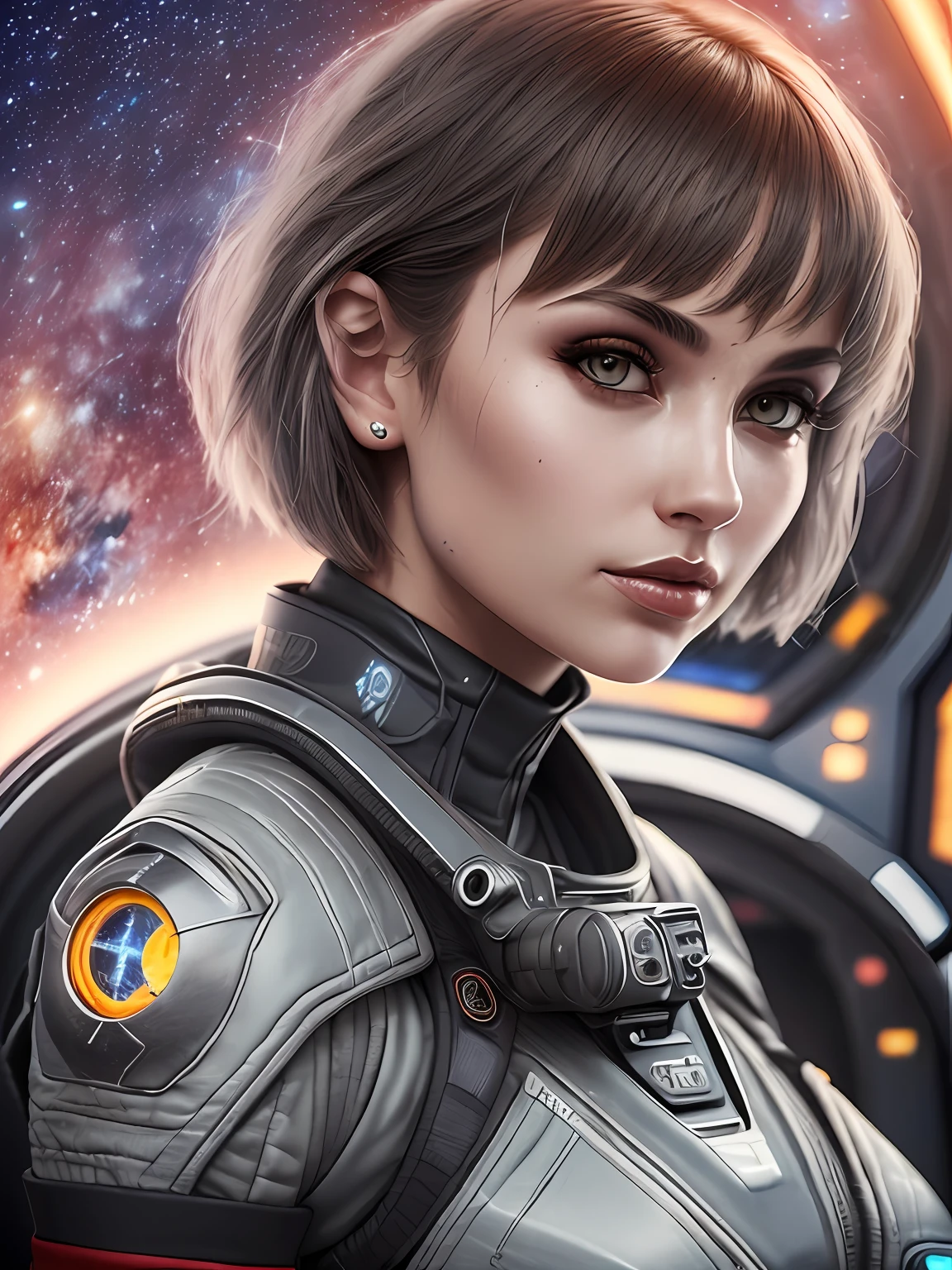 High detail RAW color art, animation, realistic photo, (((wearing black nano suite))), (((beautiful face))), white skin, Hi-Tech space battle, (((cute woman in the cockpit of a space fighter in galactic battle))), magical atmosphere, ((((wery short hair)))), (detailed skin, skin texture), (intricately detailed, fine details, hyperdetailed), raytracing, subsurface scattering, diffused soft lighting, shallow depth of field, by (Oliver Wetter), photographed on a Canon EOS R5, 28mm lens, F/2.8,