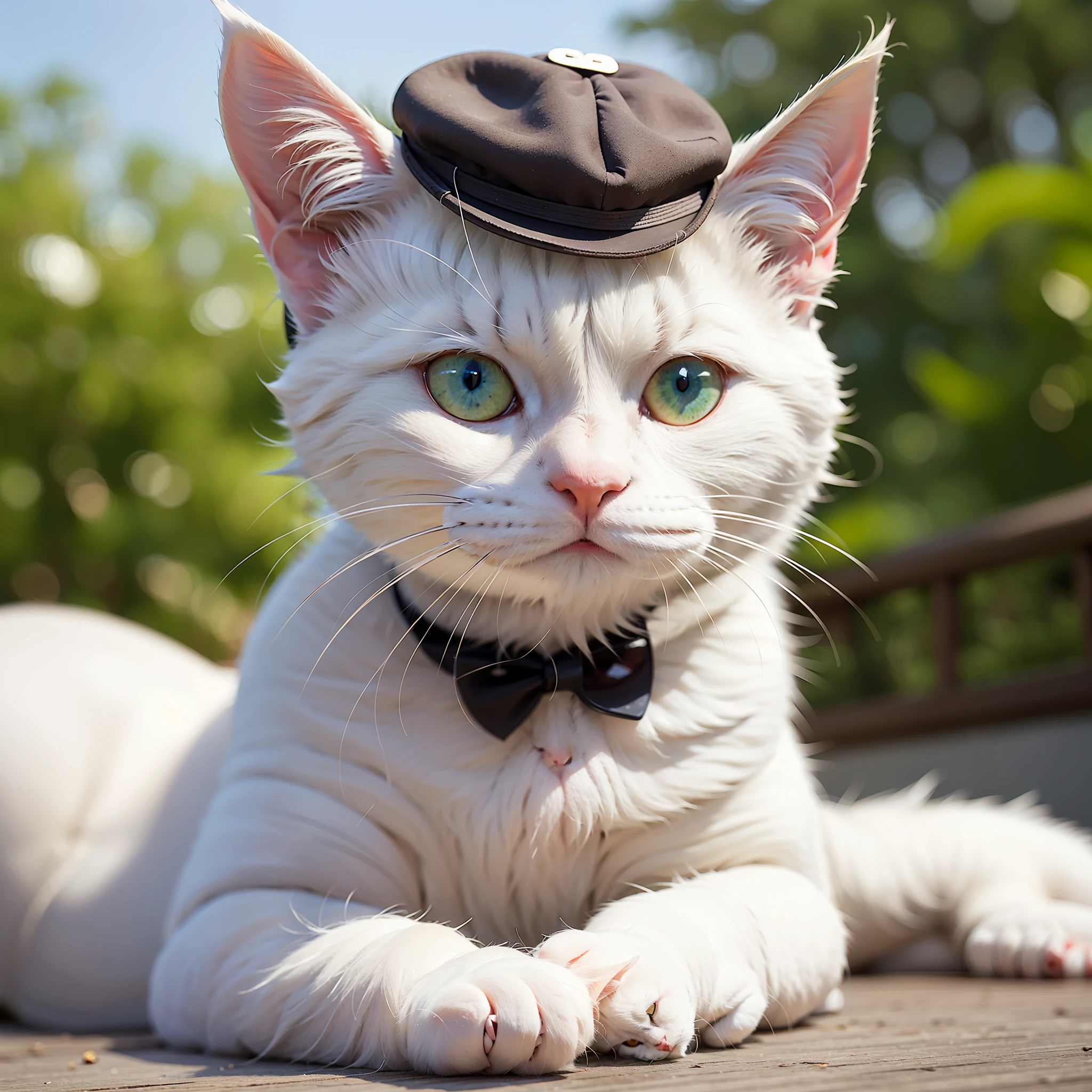 1white cat, stylish thin mustache, hat, cat has a cunning look