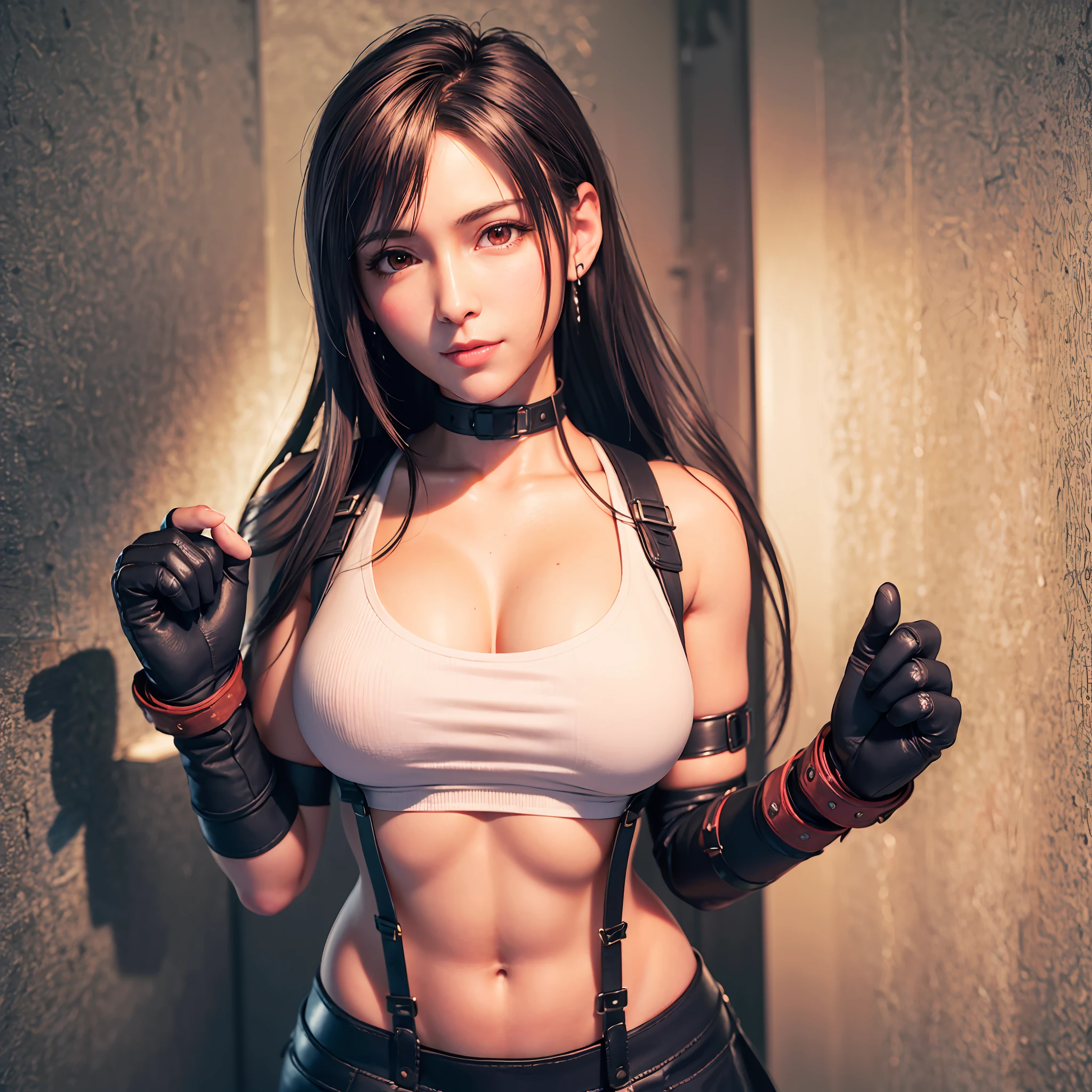 8k,masterpiece, bset quality,big, (1 girl), tifa lockhart, red_eyes, black hair, long hair, shiny skin, shiny big, ((best quality)), crisp focus: 1.2, highly detailed face and skin texture, detailed eyes, perfect face, perfect body, art, cg, blur background, big with presence, (20yo, mature cool and beautiful face), wearing (((suspender black skirt)),(( black elbow gloves, white taut shirt, thigh, white tank top, navel, blush)), jukebox, old bar, upper body, smile, professional light source, fluttering hair, random angle,