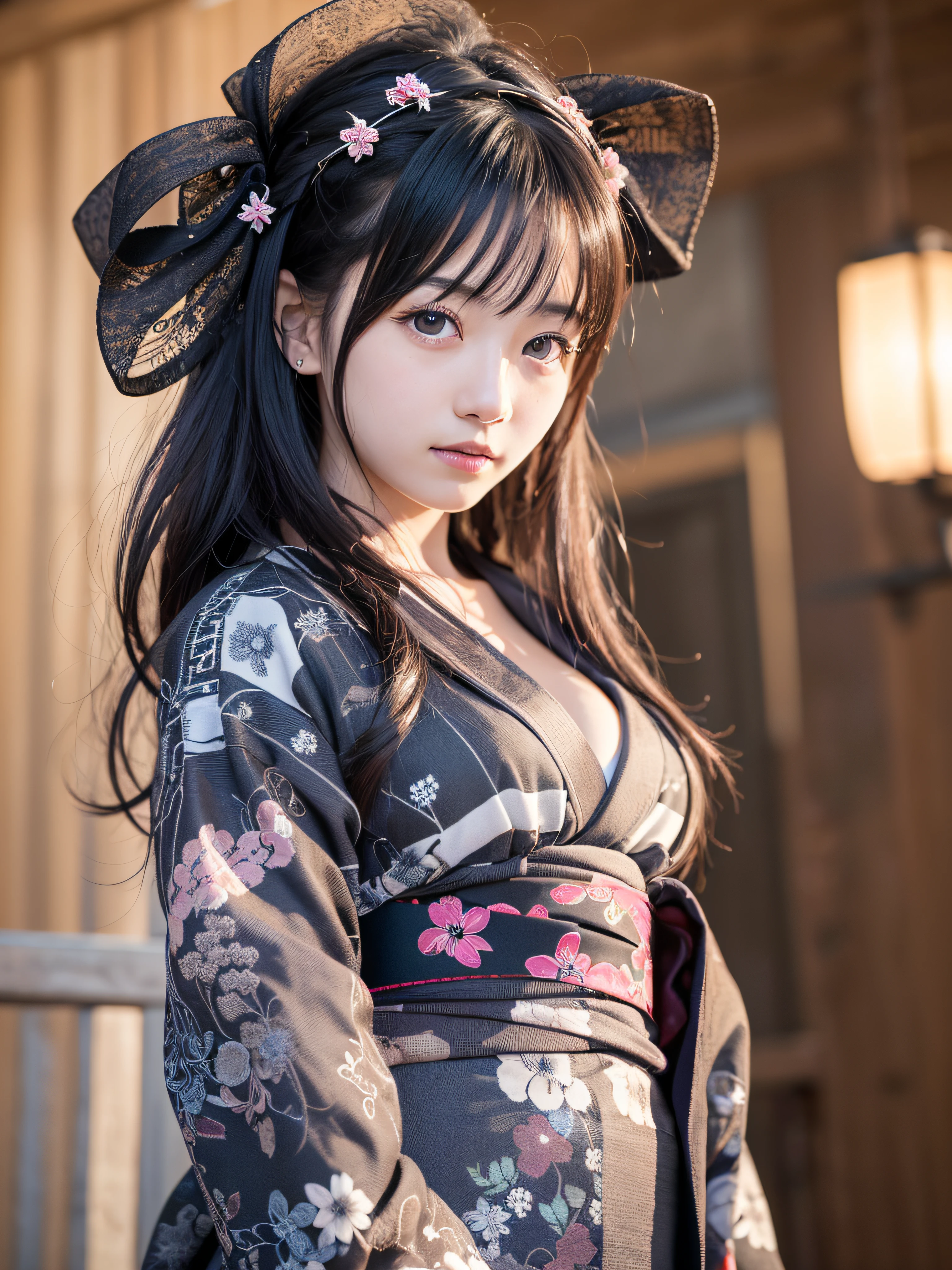 (realistic, photo-realistic:1.37), incredibly absurdres, (insanely detailed:1.3), 8k, (masterpiece), (best quality:1.4), (ultra high res:1.2), (RAW photo:1.2), ultra detailed background, (unity 8k wallpaper), 1 nogizaka girl, utterly cute, (bishojo:1.35), (15yo:1.4), (gothic lolita yukata-kimono), an exquisitely detailed and beautiful face and eyes and skin, detailed black shine hair, small-medium breasts, cleavage, a yukata-kimono with delicate and beautiful and soft fabric, smile at the camera, cowboy shot, kyoto at night, professional lighting