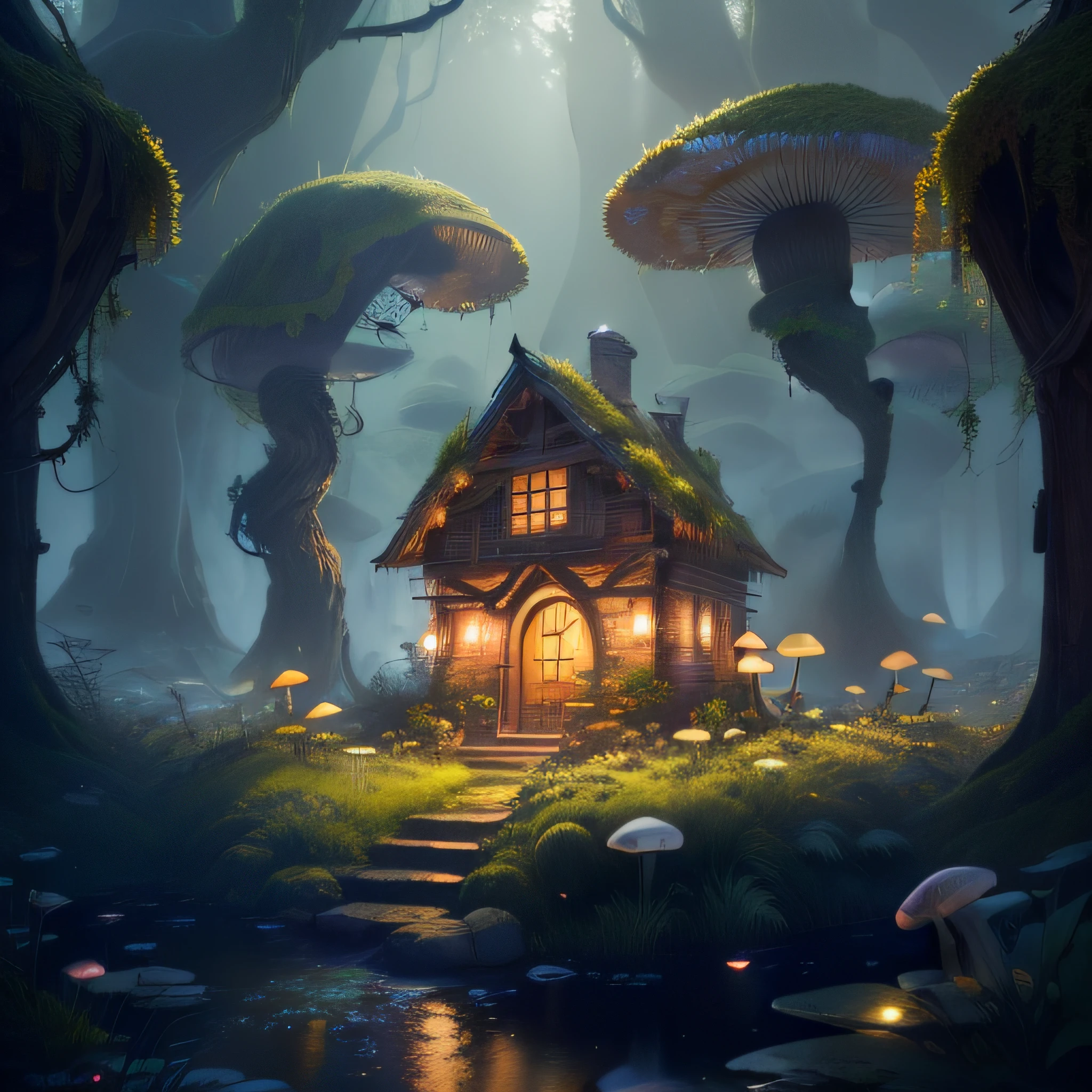 masterpiece, highest quality, (highly detailed CG Unity 8k wallpaper), (highest quality), (best illustration), (best silhouette), (mossy mushroom house), ((dew)), (timbo), (stream), fireflies, clover, surround lights in rooms, petals, isometric 3D, octane rendering, ray tracing, highly detailed, mysterious
