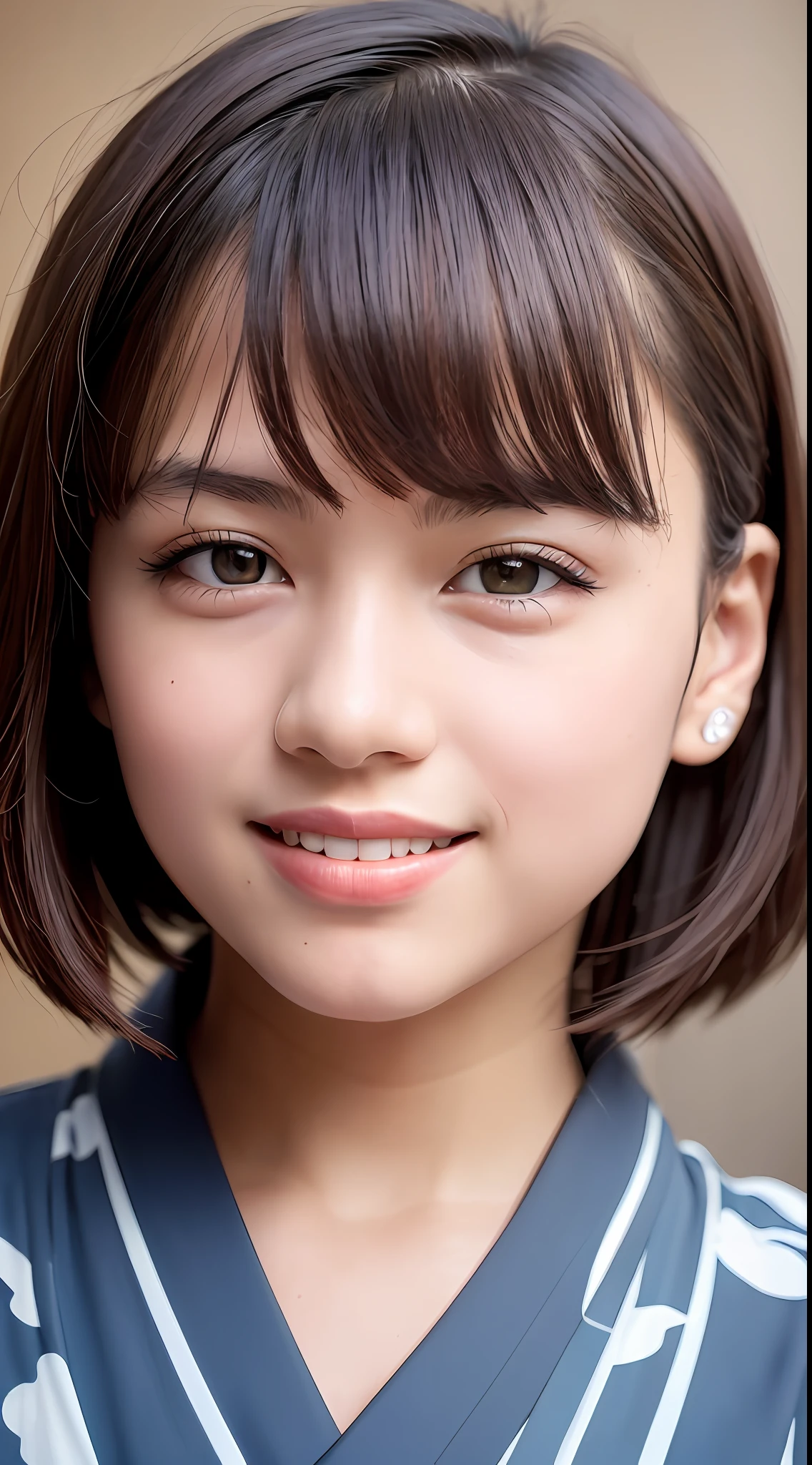 (8k, RAW photos, best quality, high resolution: 1.1), (ultra-realistic: 1.4), (realistic, photorealistic: 1.3), soft light, girl, , Japan, realistic face, realistic body, realistic skin, (cute: 1.8), cuties, solo, (colorful yukata: 1.2), detailed black eyes, innocent eyes, cheeks, (bobcut: 1.2) , Cinema Light, Film Grain, ((Big: 1.1)), Cherry Colored Lips, Close-up, Look Viewer, Upper Body, Open Lips, Upper Teeth, (Smiling Eyes: 0.6), ((grinning: 1.2)), Depth of Field, Blurred Background, Eye Focus, Bokeh, Japan Summer Festival, Evening, 85mm Lens, f/1.4, Professional Lighting, Young, Portrait, Photon Mapping, Radio City, physically based rendering