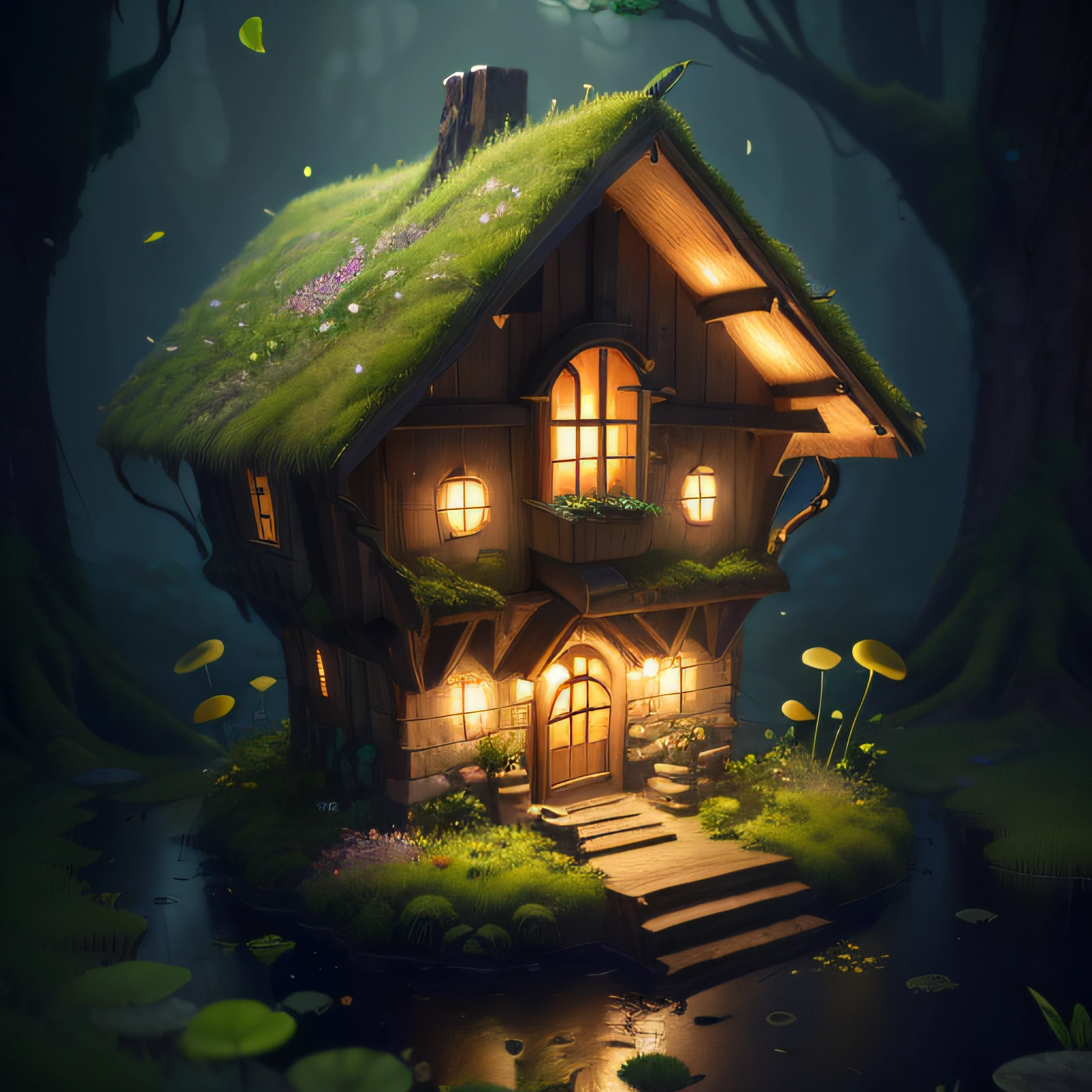 masterpiece, highest quality, (highly detailed CG Unity 8k wallpaper), (highest quality), (best illustration), (best silhouette), (mossy mushroom house), ((dew)), (timbo), (stream), fireflies, clover, surround lights in rooms, petals, isometric 3D, octane rendering, ray tracing, highly detailed, mysterious