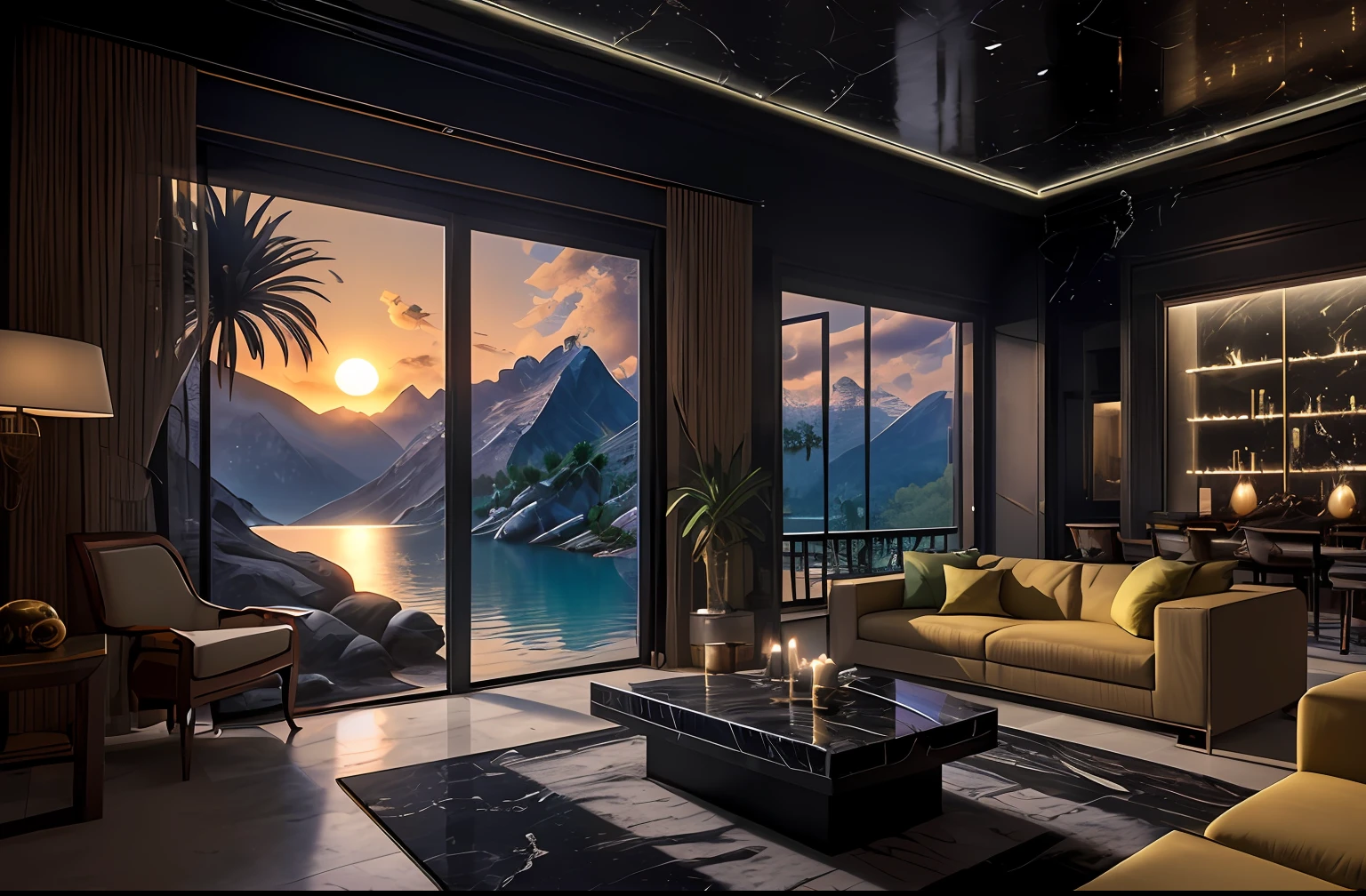 hut, mountains, yellow light, sunset, candles, landscape, lake, amazing luxurious futuristic interior in ancient egyptian style with many ((lush plants)) (lotus flowers), ((palm trees)), rocky walls, (sand), (waterfalls), (marble), ((precious minerals)), ((metals)), (precious stones), crystals, clouds and ((water)), (futuristic luxury furniture), crocodiles, ((hieroglyphics)), ((ultra luxury))), (black marble) – with ((beautiful lights)), Unreal Engine, HQ, 16k