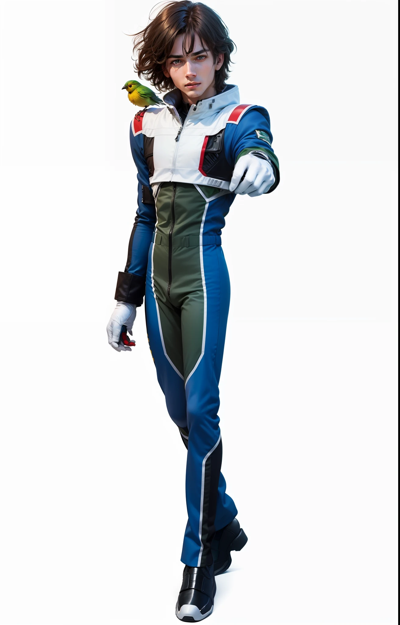 Best quality, masterpiece, ultra high res, (photorealistic:1.4) a (male:1.4), (caucasian:1.4), detailed skin, detailed eyes, shiny skin, suit pilot blue white black red, short hair, pilot space suit, pilot gundam, green yellow little bird, gloves white