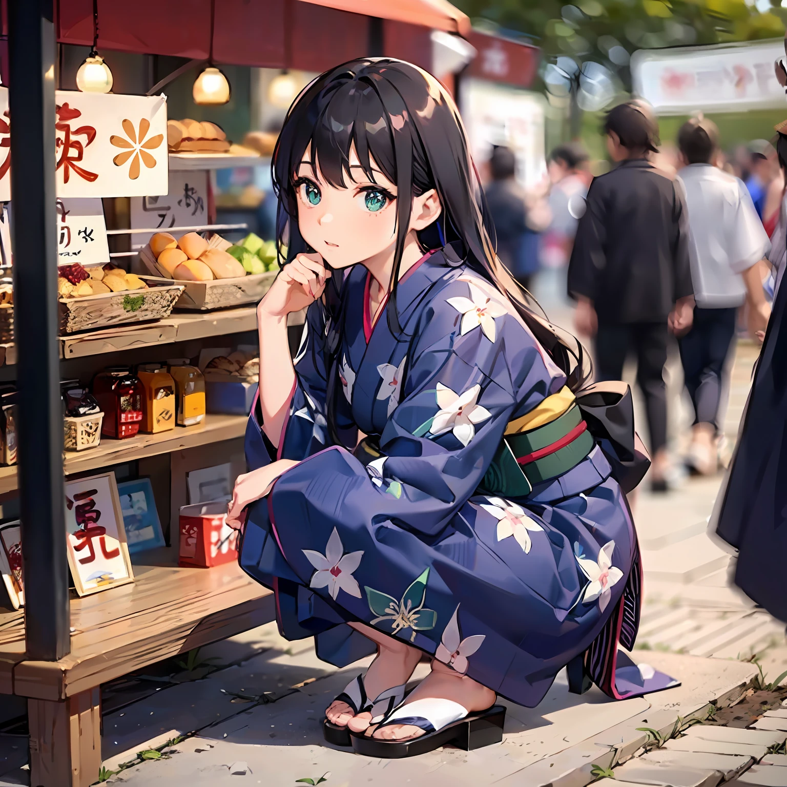 crouched down and turned away to look at the stalls and looking to the side, black hair, beautiful girl wearing indigo yukata with emerald green eyes ((big eyes)), enjoying the festival, there is a sense of dynamism in the hair, the whole body is projected, night, Japan festival, food stall, (((yukata is not only flaky)), long hair, white skin, sandals, sparkle, blurry, depth of field, oblaprima, anatomically correct, anatomically correct, ultra-detailed, high quality, high quality, award-winning, high definition, high detail, UHD, retina, textured skin, 1080p, 4K, 4K, 16K, (does not show skin),
