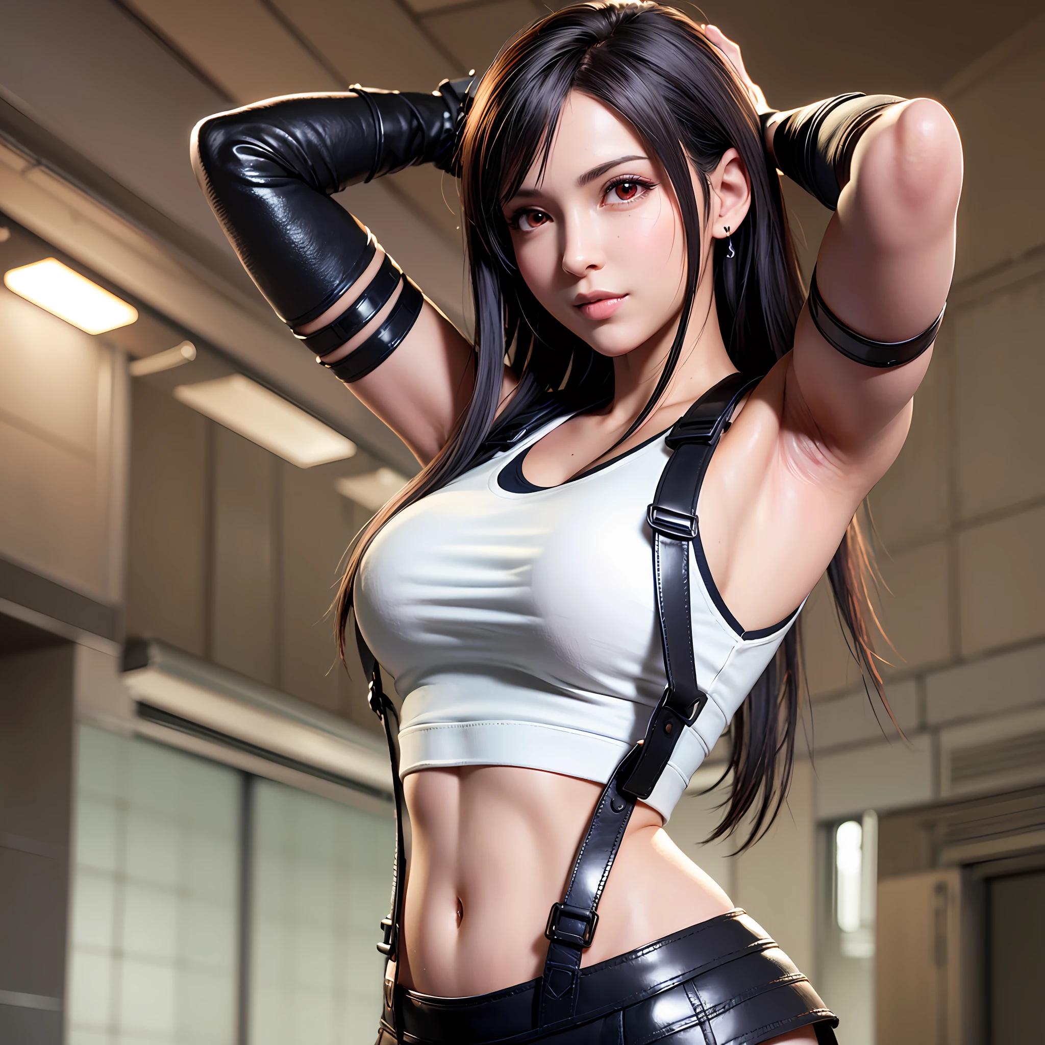 8k,masterpiece, bset quality,big, (1 girl), tifa lockhart, red_eyes, black hair, long hair, shiny skin, shiny big, ((best quality)), crisp focus: 1.2, highly detailed face and skin texture, detailed eyes, perfect face, perfect body, art, cg, blur background, big with presence, (20yo, Mature cool and beautiful face), wearing ((suspender black skirt)),(( black elbow gloves, white taut shirt, thigh-hai, white tank top, navel, blush)), infiltrate the futuristic enemy combat robot factory, upper body, smile, professional light source, fluttering hair, random pose,