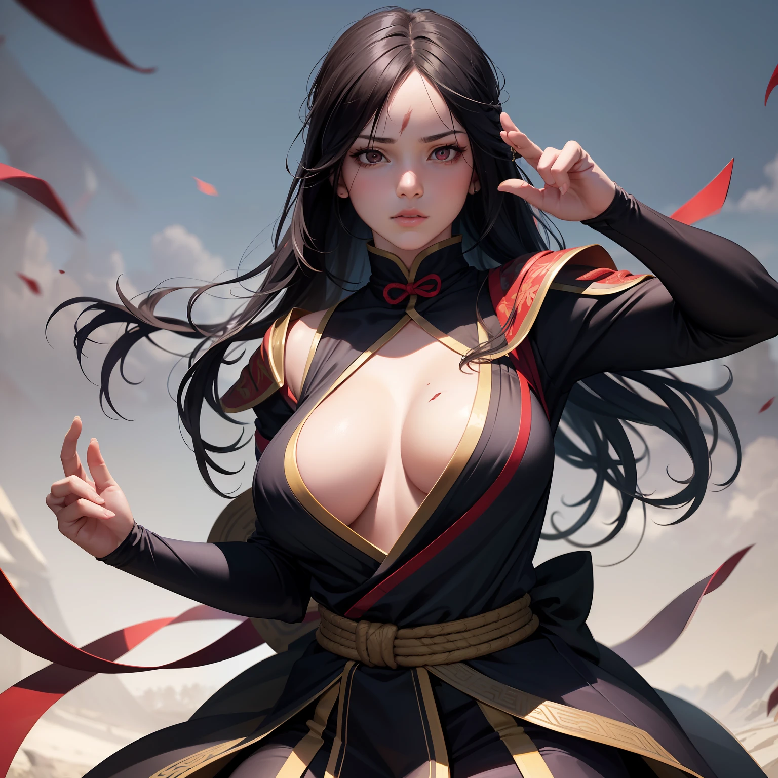 realistic, 1girl, high quality fingers, normal hands, detailed fingers, masterpiece, (realistic, photo-realistic: 1.37), realistic, 1girl, long hair:1.5, black hair:1.2, red eyes:1.5, bright eyes, mortal kombat, ninja, blood, scar, weapons, kimono, dress, mortal kombat costume, large breasts, fighting pose, serene look, temple, meditation, injuries, ninja mask, cover half of face,