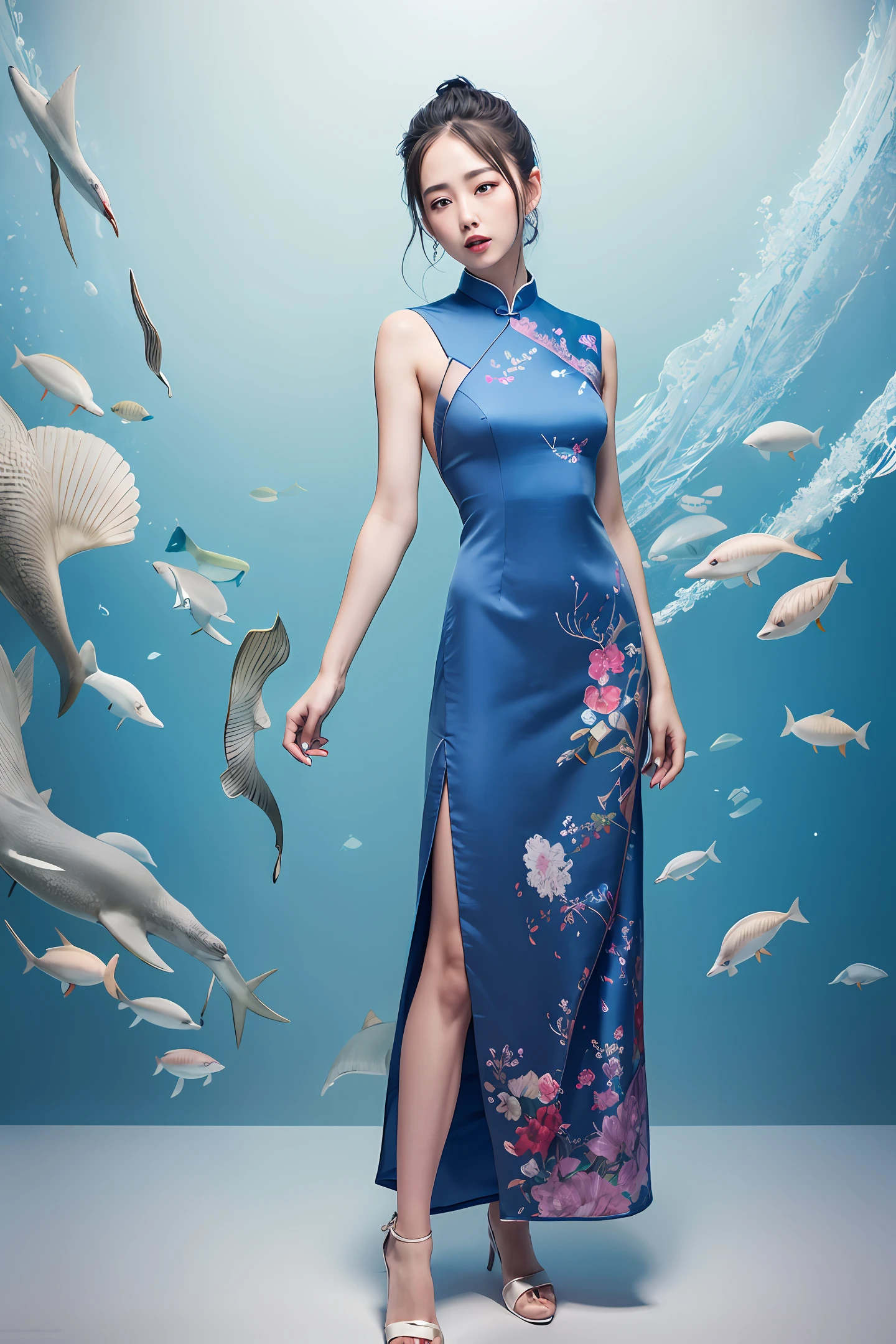 araffe woman in a blue dress standing in front of a screen, an album cover inspired by Huang Ji, tumblr, tachisme, dilraba dilmurat, queen of the sea mu yanling, wearing a blue qipao dress, ruan jia beautiful!, in a blue qipao, full body xianxia, chinese dress, cheongsam
