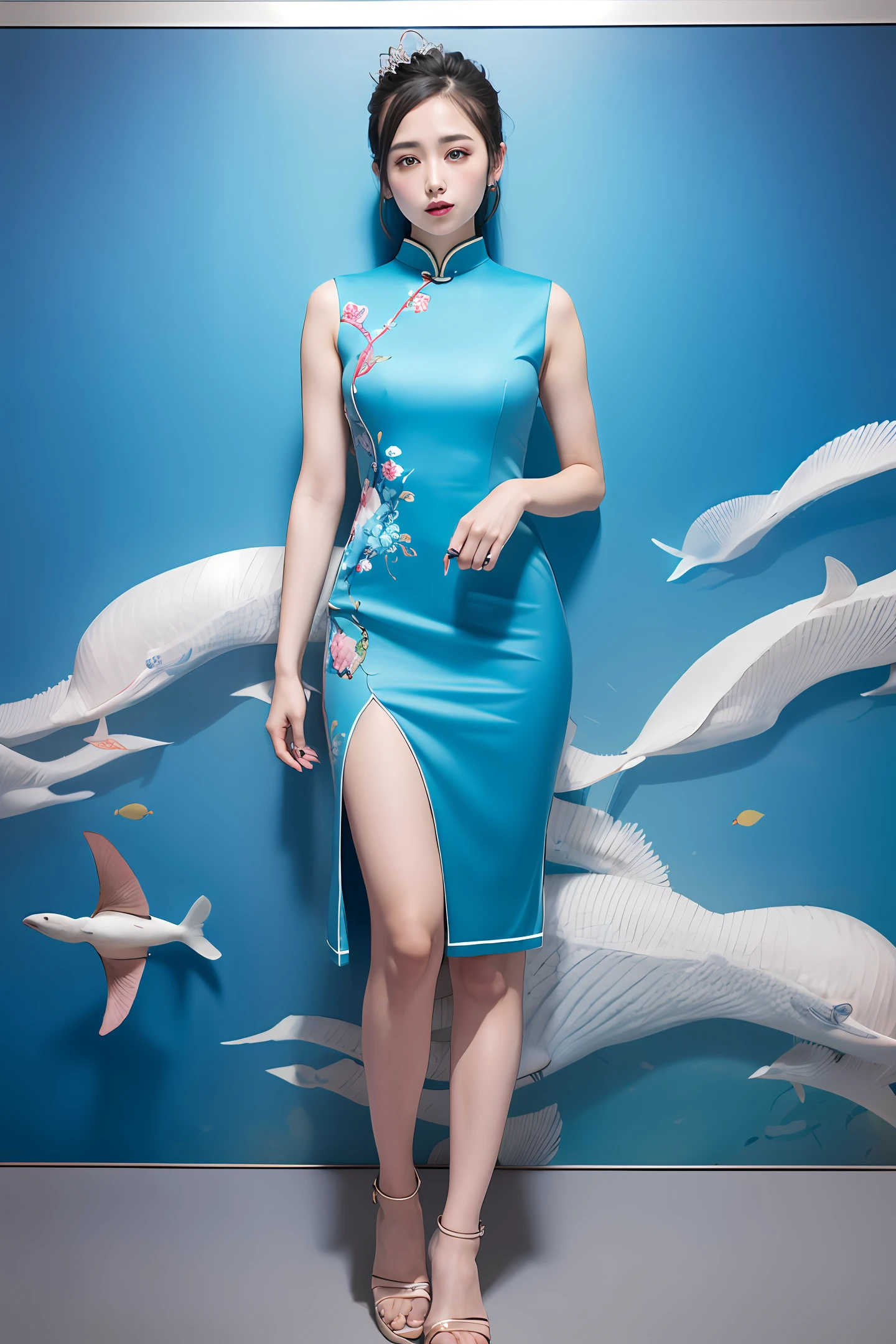 araffe woman in a blue dress standing in front of a screen, an album cover inspired by Huang Ji, tumblr, tachisme, dilraba dilmurat, queen of the sea mu yanling, wearing a blue qipao dress, ruan jia beautiful!, in a blue qipao, full body xianxia, chinese dress, cheongsam