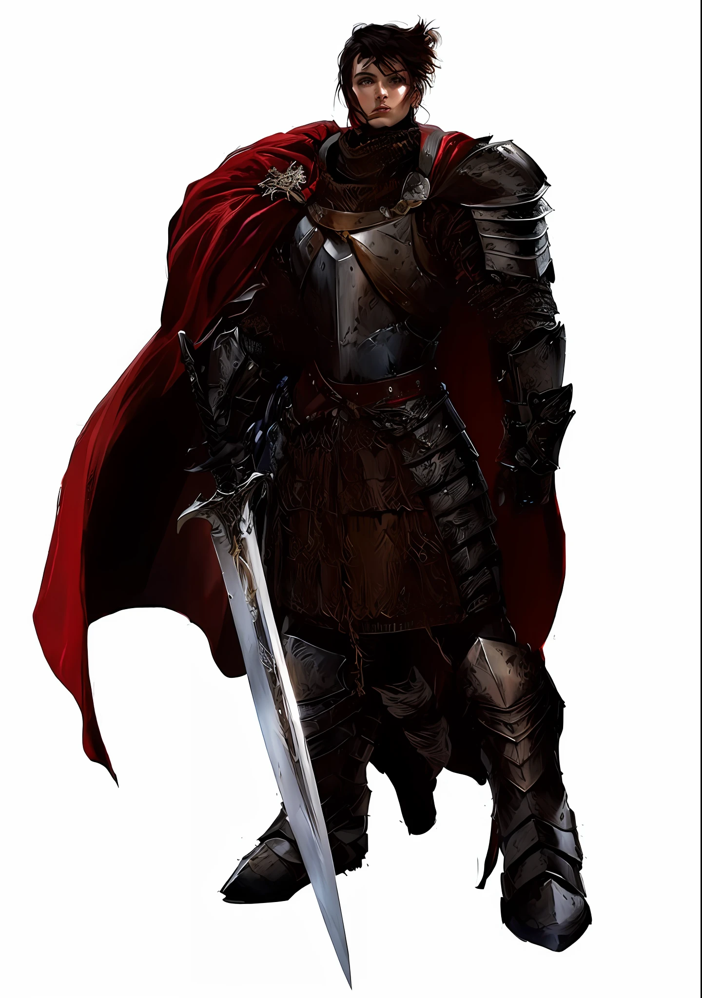 A closeup of a person in armor with a sword, Elisha Cuthbert as a D&D Paladin, Poots Imogen as a D&D Paladin, Female knight, Lady in red armor, Female medieval knight, Black and reddish colored armor, Using heavy armor with cape, Image of female Paladin, Armored knight in red 4k, lighten the image