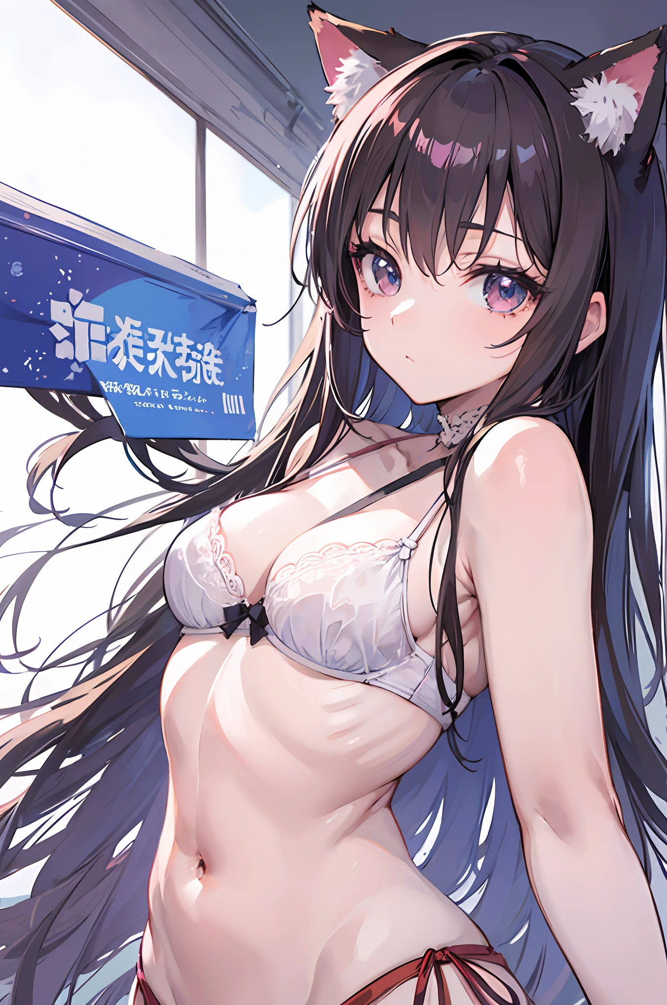 Best quality, 8K)) One woman anime girl with long hair and cat ears, Rin Tosaka, anime moe art style, anime style like Fate/stay night, anime girl with long hair, very cute anime girl face, nightcore, from the front line of girls, cute anime girl portrait, anime girl with cat ears, high quality anime art styleBeautiful anime woman sexy beautiful armpits beautiful abs luxurious lingerie random pose space with mood