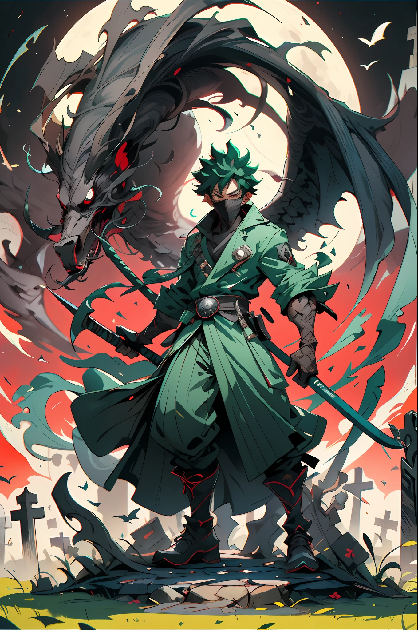 "izuku midoriya as the Angel of Death dressed in plague doctor's clothes, wielding a scythe in a cemetery under the crimson moonlight."