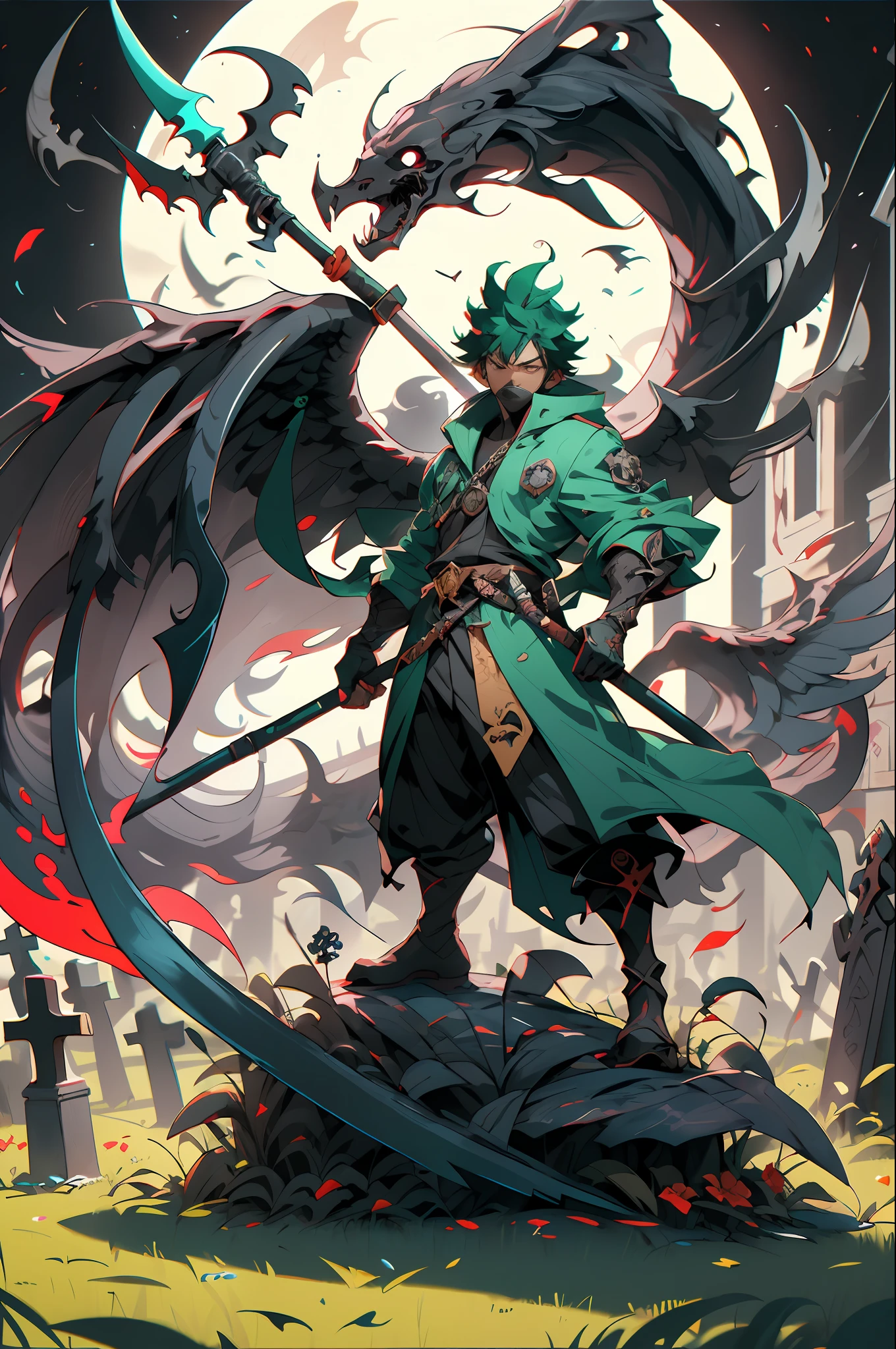 "izuku midoriya as the Angel of Death dressed in plague doctor's clothes, wielding a scythe in a cemetery under the crimson moonlight."