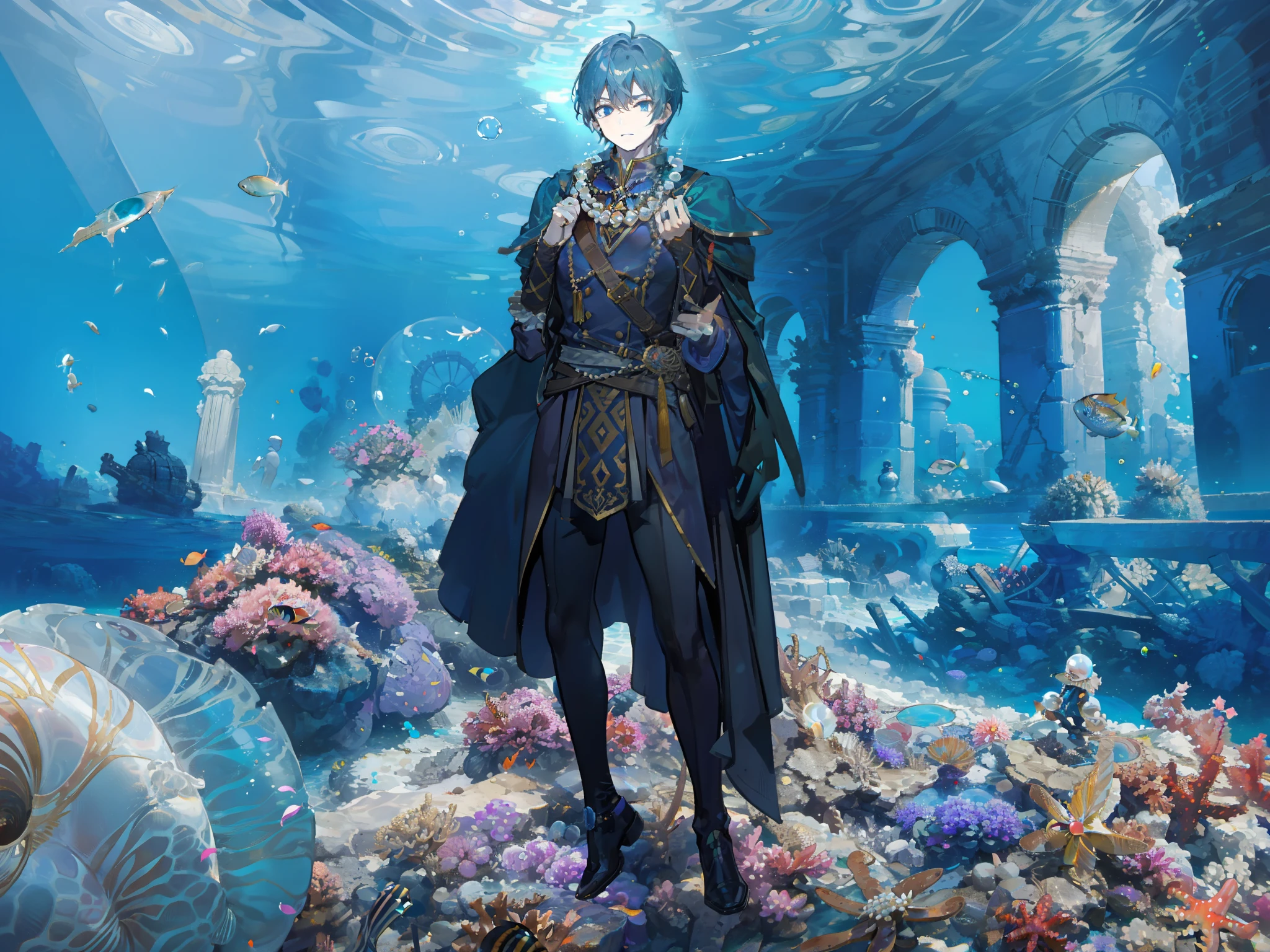 1man, male, mage, magic bubble, putting on pearl necklace. ancient underwater ruins, alcoves containing various artifacts, Shimmering pearls, seashells, and coral sculptures adorn. (Masterpiece: 1.2) (Best quality: 1.3)