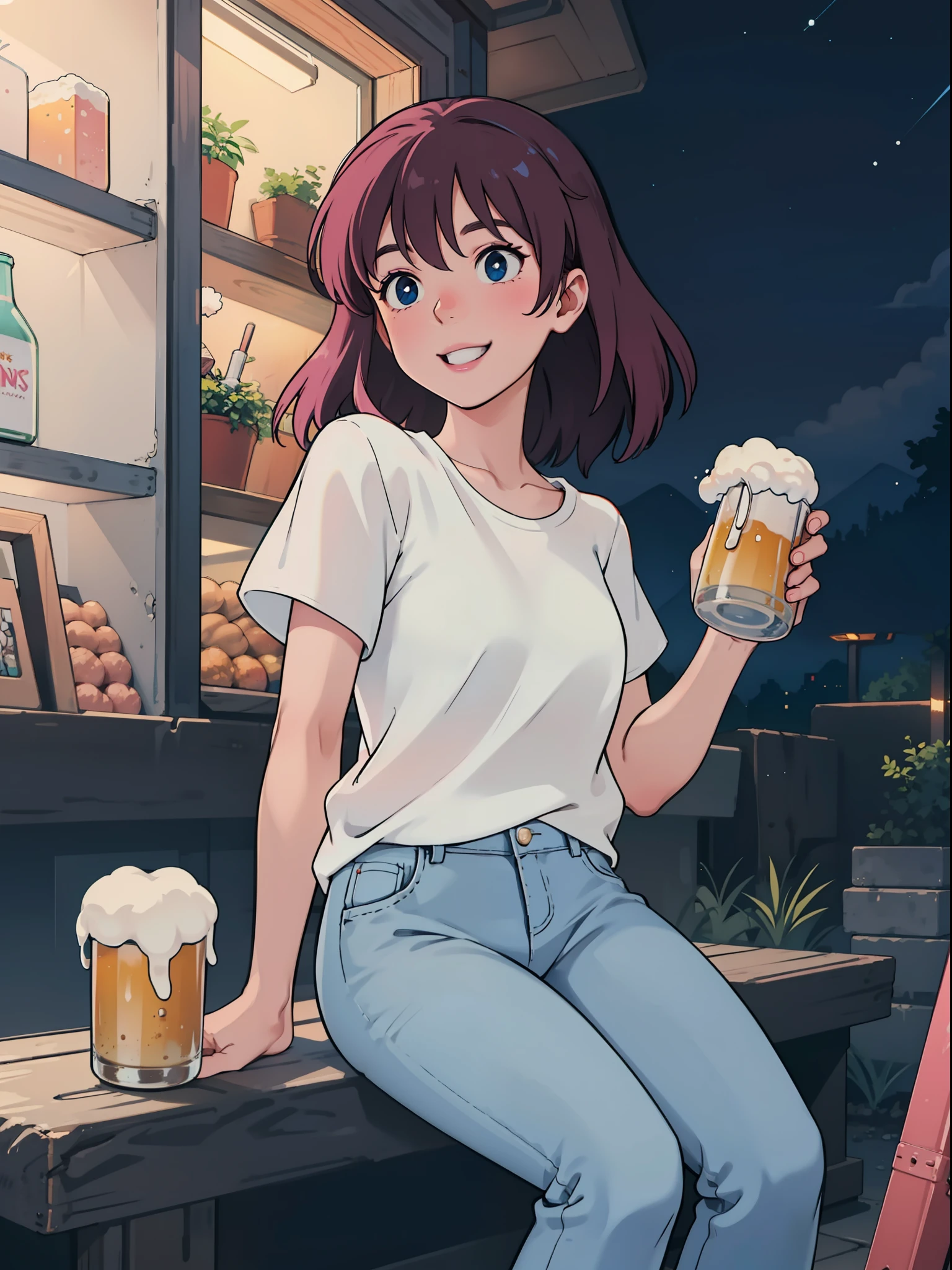 I have a beer, pink hair, semi-long hair, tavern, smile, night, neon, plain white t-shirt, jeans,