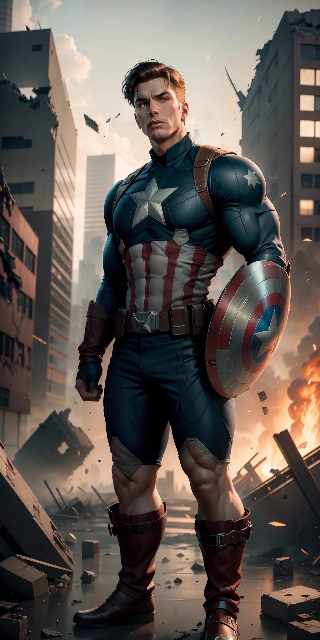 Captain America extremely muscular, veins in arms, Captain America cosplay, destroyed city, wreckage, Jim Lee illustration, unreal engine 5, 8k.