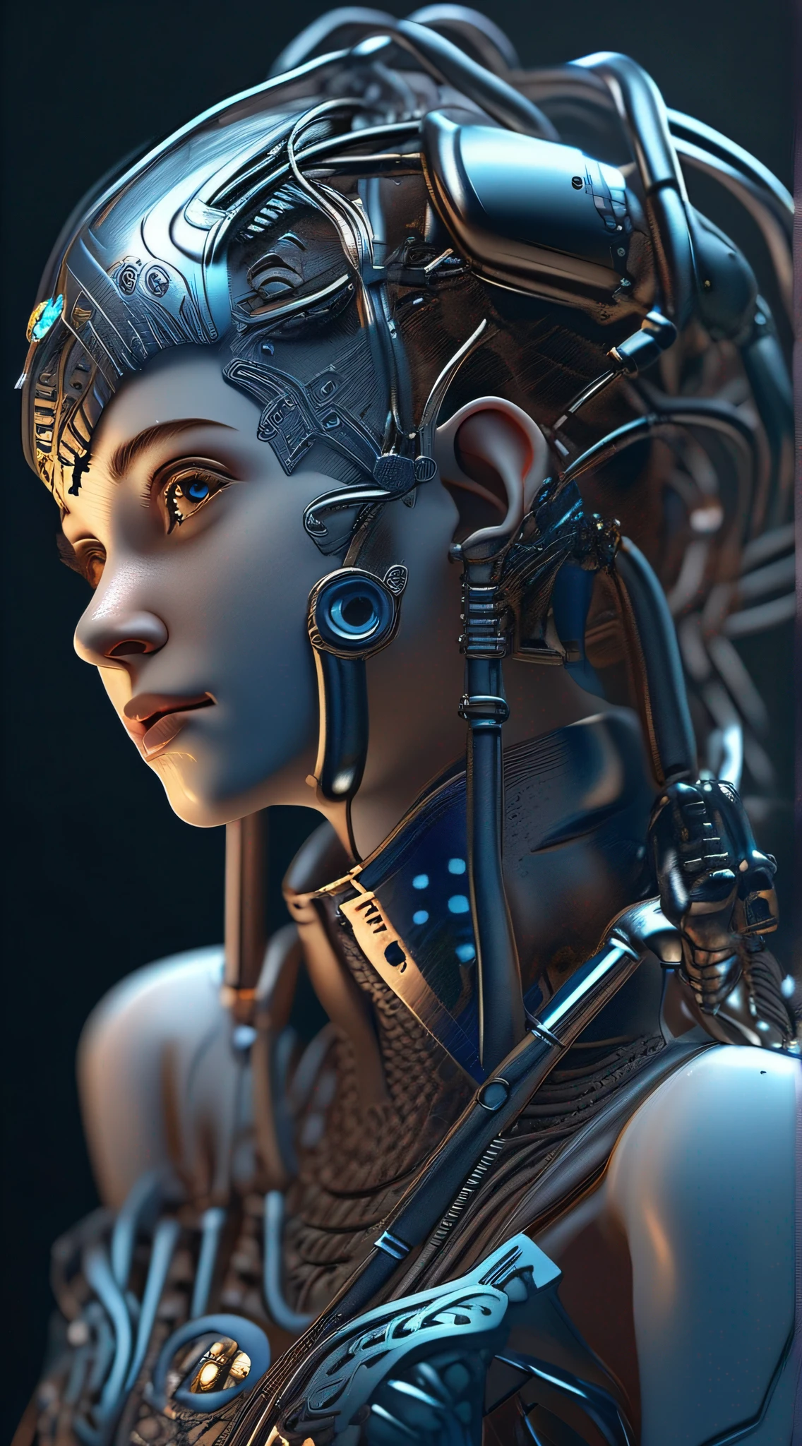 1mechanical girl,((ultra realistic details)), portrait, global illumination, shadows, octane render, 8k, ultra sharp,metal,intricate, ornaments detailed, cold colors, egypician detail, highly intricate details, realistic light, trending on cgsociety, glowing eyes, facing camera, neon details, machanical limbs,blood vessels connected to tubes,mechanical vertebra attaching to back,mechanical cervial attaching to neck,sitting,wires and cables connecting to head