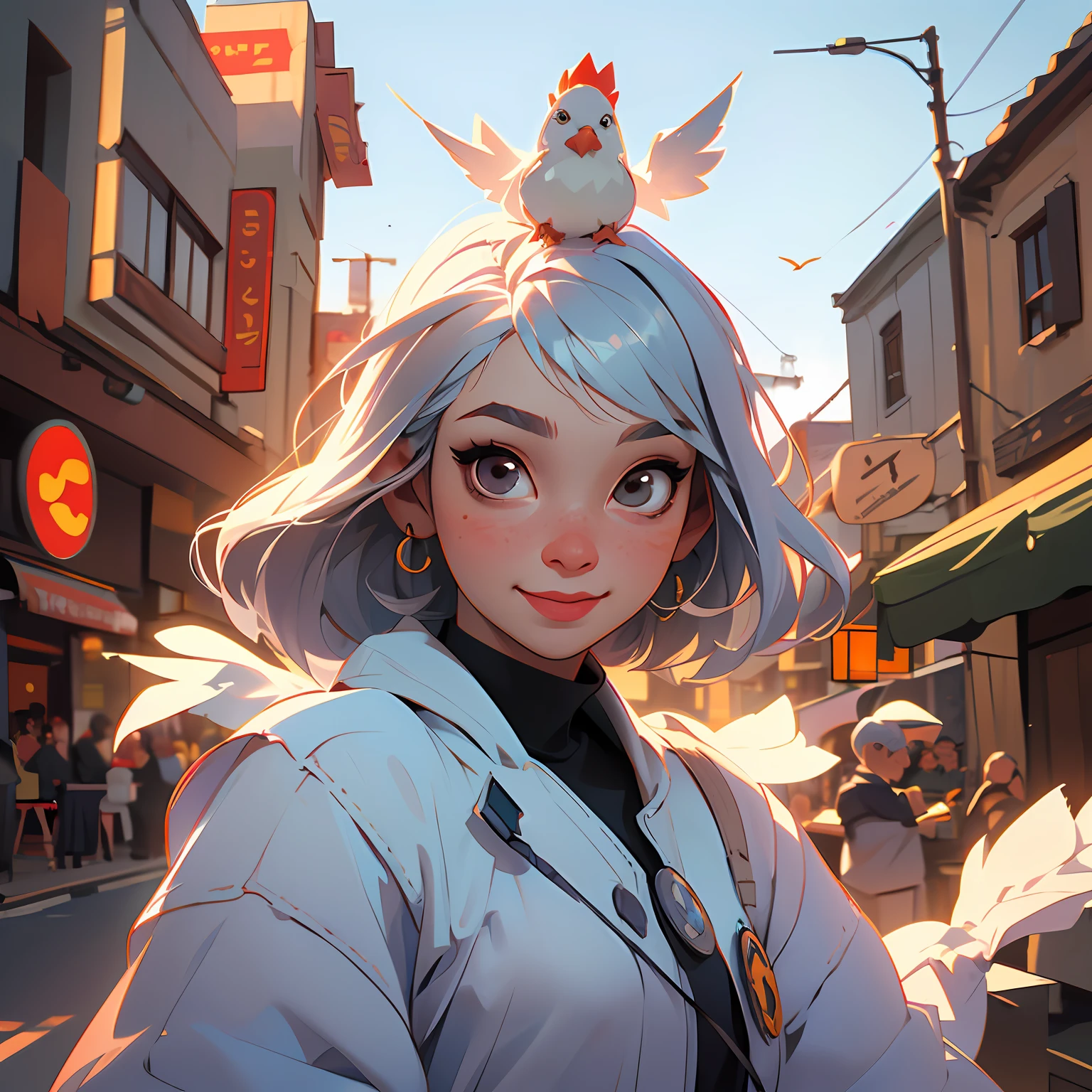 (8k, RAW photo, best quality, masterpiece: 1.2), (realistic, photoreal: 1.37), 1 girl, (Kpop idol), (charming chick), portrait, cute, cityscape, professional lighting, photon mapping, radiosity, physically based rendering, smile, pose, silver hair, bird cage, (chicken on the head), (cute bird costume)