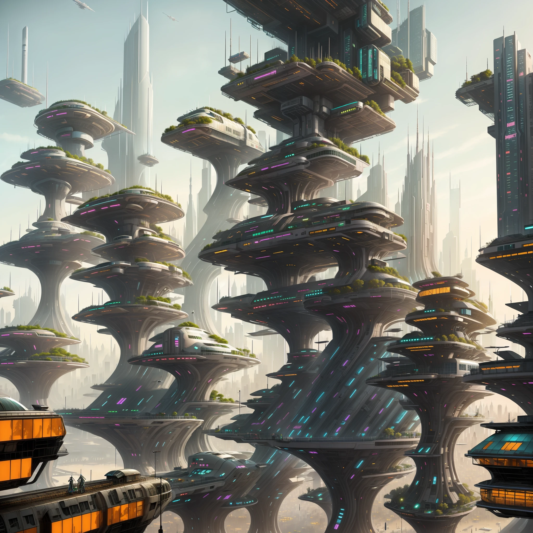 futuristic city with a lot of tall buildings and a train, in fantasy sci - fi city, parked spaceships, sci - fi city, busy cyberpunk metropolis, futuristic dystopian city, detailed sci-fi art, sci fi city, futuristic cyberpunk city, futuristic city scape, big and structured valhalla city, science fiction city, futuristic city, dystopian cyberpunk city, intricate cyberpunk city