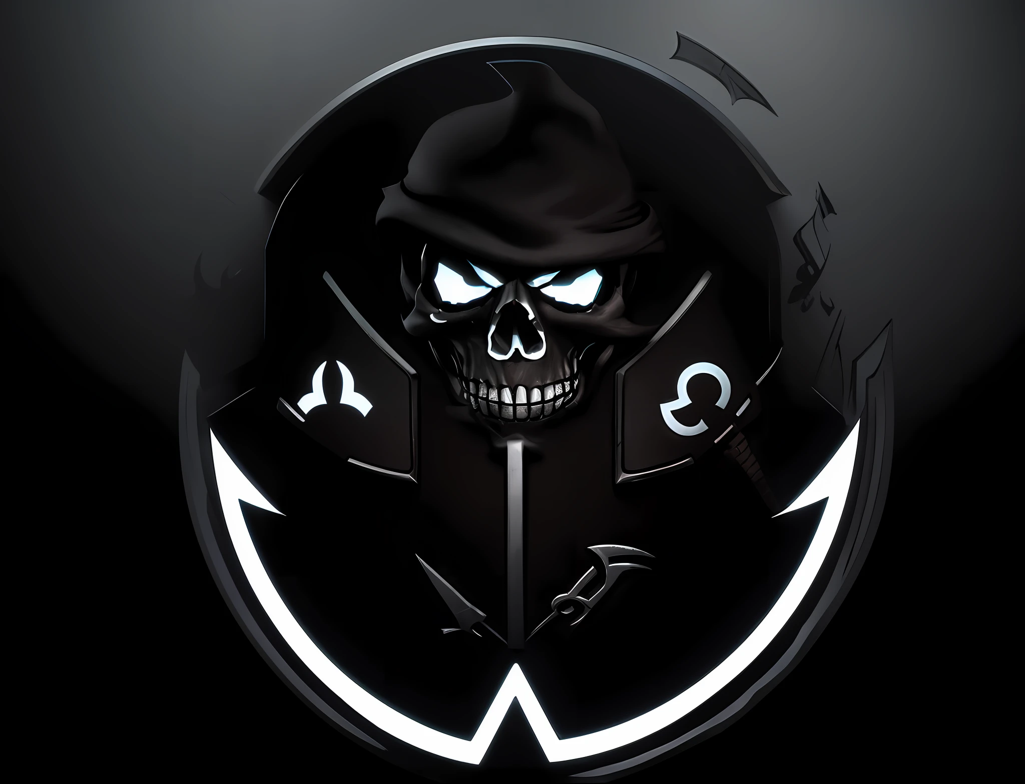 A closeup of a metal emblem with a skull, avatar image, SCP Foundation, Raider, CSGO team sticker, silver insignia, Reaper, W 4 0 K, Locklegion, Reddit, of spiked gears of war skulls, skull, colonial marines, skull as, prometheus engineering, Terran Trade Authority, WH40K, imperial symbol, shield emblem, munde the background for pretp,  Emblem with dark background.