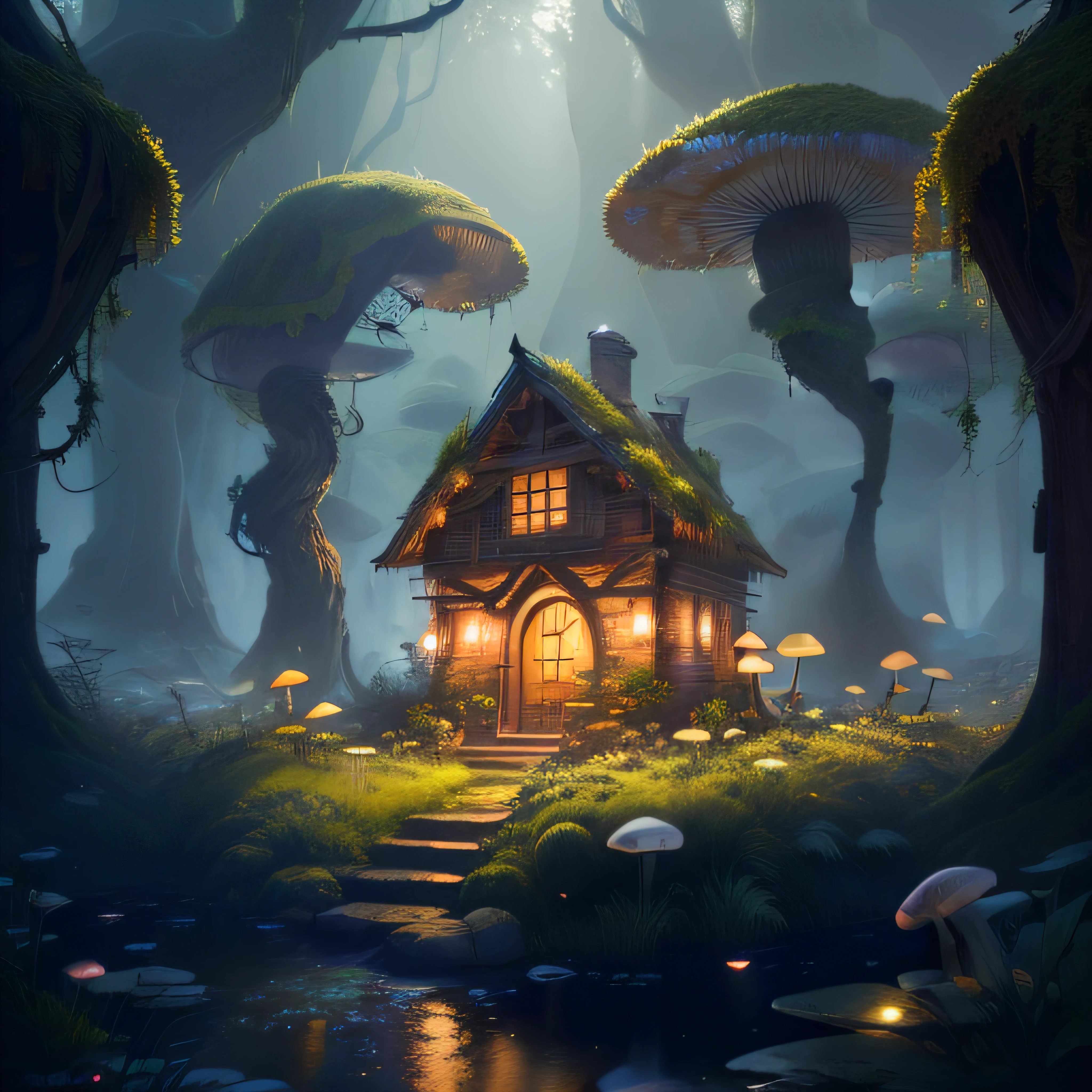 masterpiece, highest quality, (highly detailed CG Unity 8k wallpaper), (highest quality), (best illustration), (best silhouette), (mossy mushroom house), ((dew)), (timbo), (stream), fireflies, clover, surround lights in rooms, petals, isometric 3D, octane rendering, ray tracing, highly detailed, mysterious
