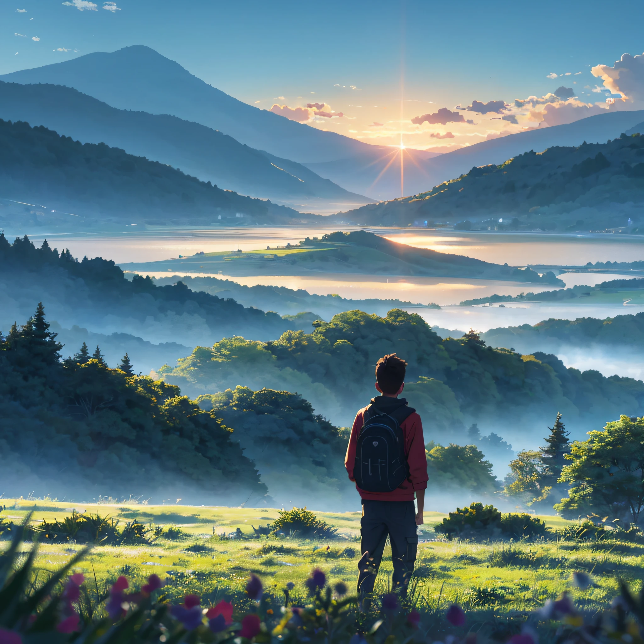 In an idyllic setting, a boy stands in an open field. Lush green grass stretches as far as the eye can see, adorned with wildflowers of various colors and sizes, emitting delicate fragrances.  The sky is clear and serene, with a gentle breeze caressing the boy's face. Golden sunlight bathes the landscape, casting a soft, radiant glow that creates an atmosphere of peace and tranquility.  On the horizon, majestic mountains rise in layers, shrouded in a gentle mist that adds an air of mystery. Their gentle and imposing shapes blend harmoniously with the surrounding scenery.  The boy stands, captivated by the captivating sight before him, filled with awe and a sense of wonder. It's a scene that inspires serenity, reflection, and a deep appreciation for the beauty of the world.