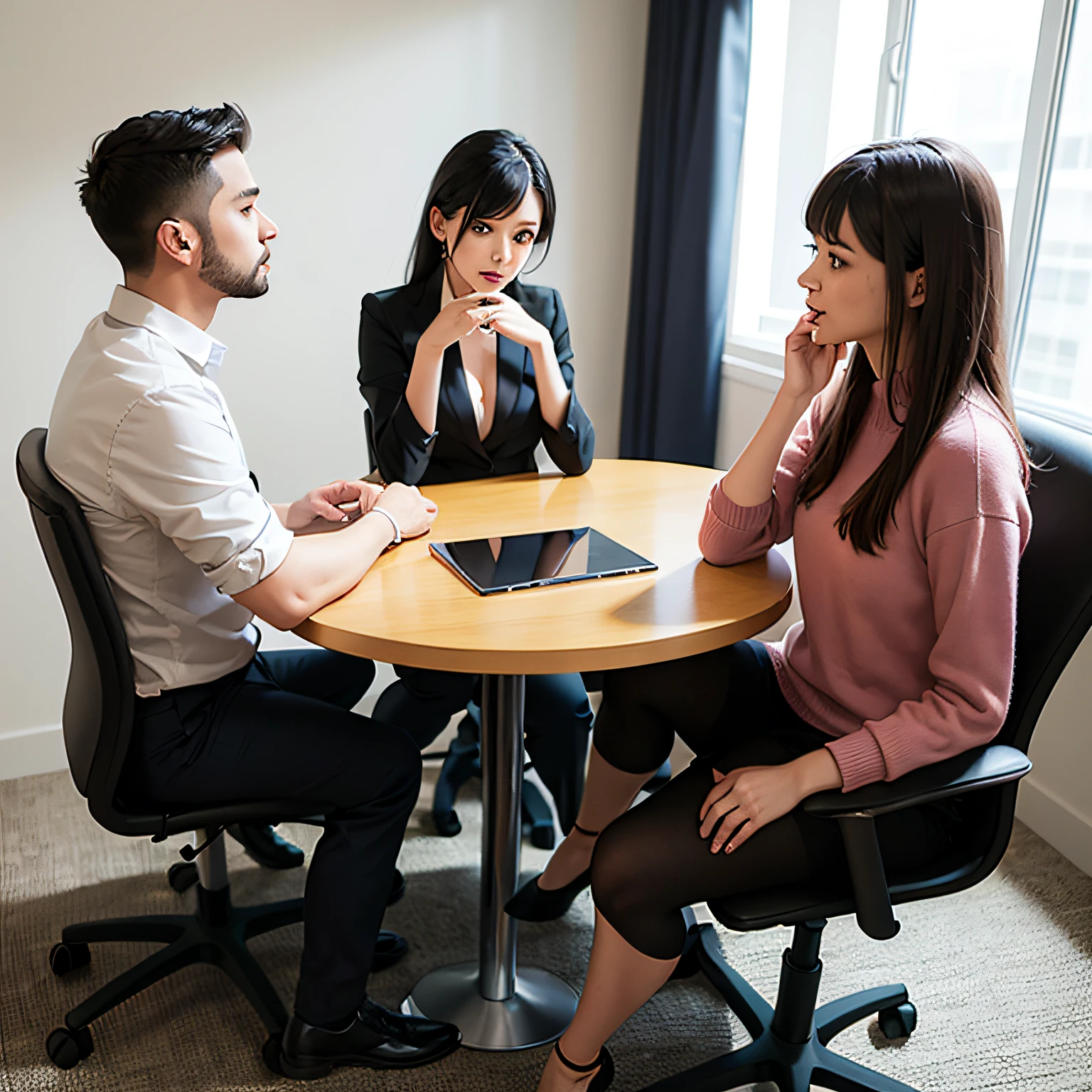 Generate a high-definition image depicting a work environment where three people are present. People should be represented in full body, standing. Two of them must be gossiping about the third person, who is oblivious to the conversation. Make sure the image is sharp and the details are visible.