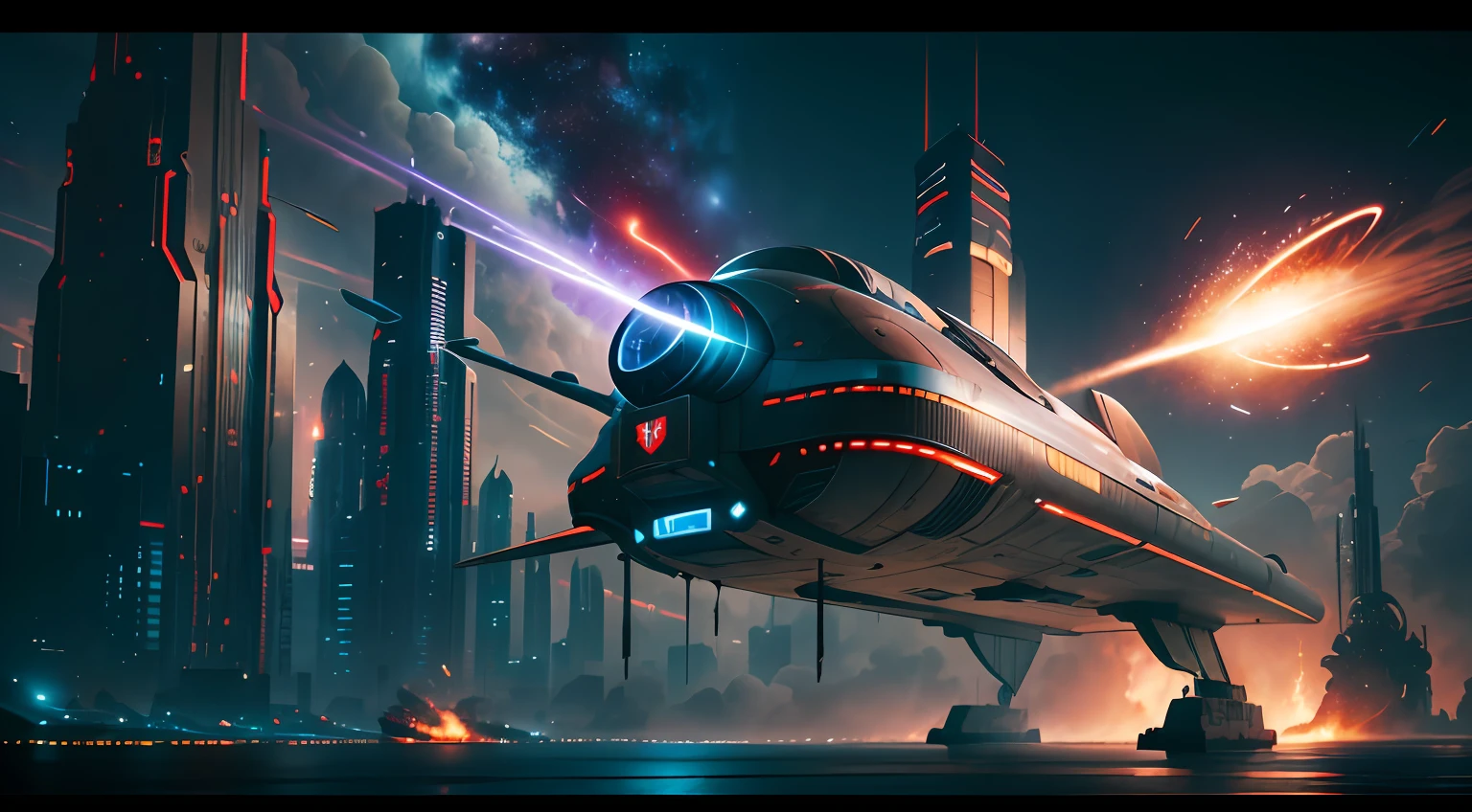 steampunk style, cool tones, cinematic effects, motion photography, time-lapse, Fujifilm, long exposure, sci-fi style starships, flying starships in the sky, shark-like starships, huge turbine engines erupting blue flames, missiles in flight, ambient lights, surreal sci-fi city in the background, red particle special effects, particle light, aesthetic, 8K, top painting, concept art, epic composition, with HD details, metallic texture and tension composition, hyper-realistic, ultra-realistic, rich in detail, .3D