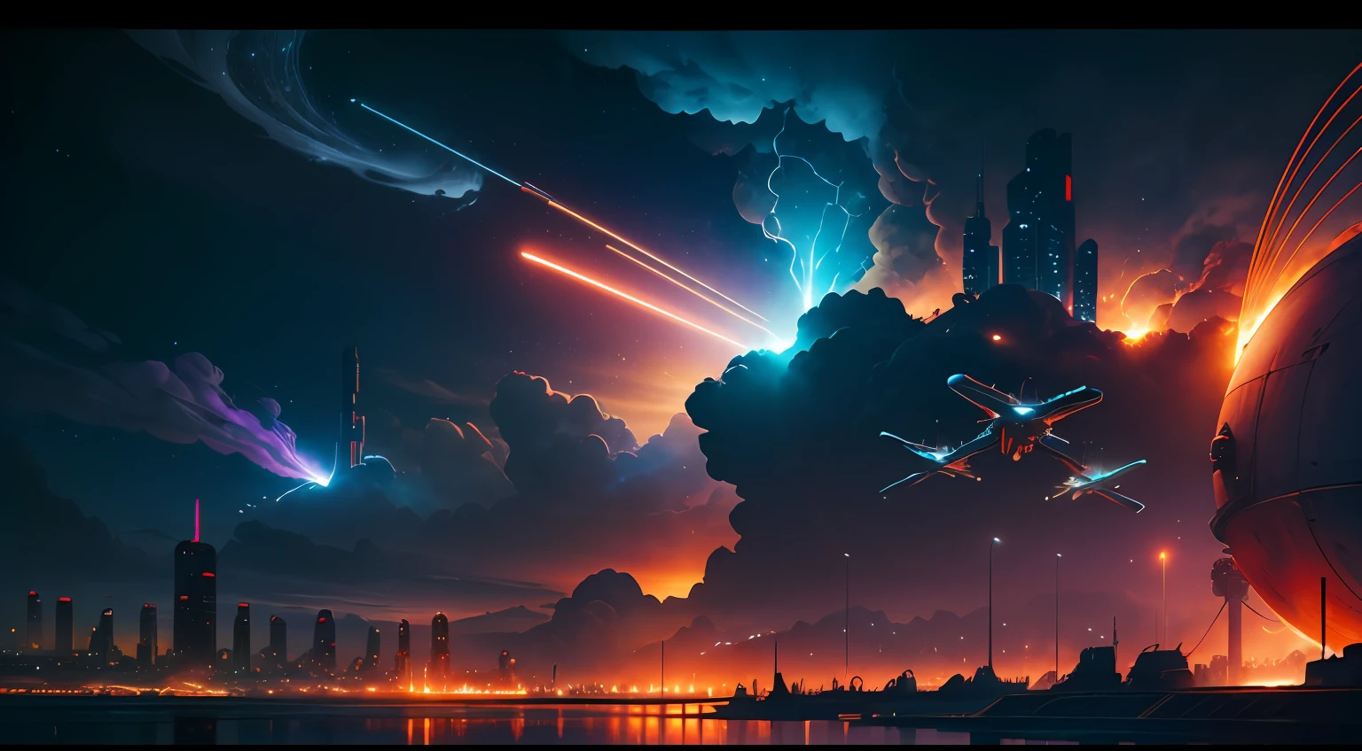 steampunk style, cool tones, cinematic effects, motion photography, time-lapse, Fujifilm, long exposure, sci-fi style starships, flying starships in the sky, shark-like starships, huge turbine engines erupting blue flames, missiles in flight, ambient lights, surreal sci-fi city in the background, red particle special effects, particle light, aesthetic, 8K, top painting, concept art, epic composition, with HD details, metallic texture and tension composition, hyper-realistic, ultra-realistic, rich in detail, .3D